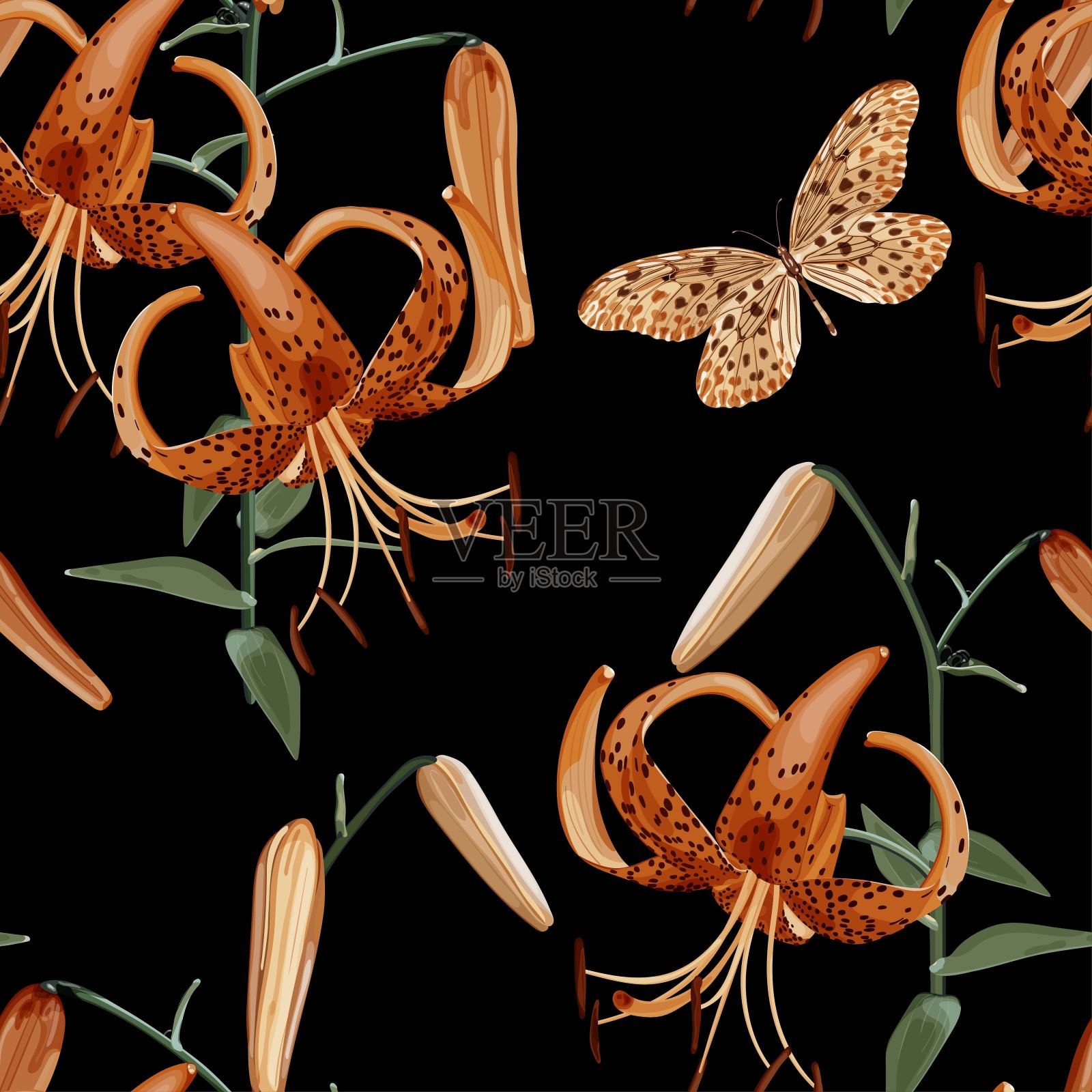 无缝的花图案与橙色百合和蝴蝶在黑色的背景上的一个分支。百合lancifolium。热带的模式。股票矢量插图。插画图片素材
