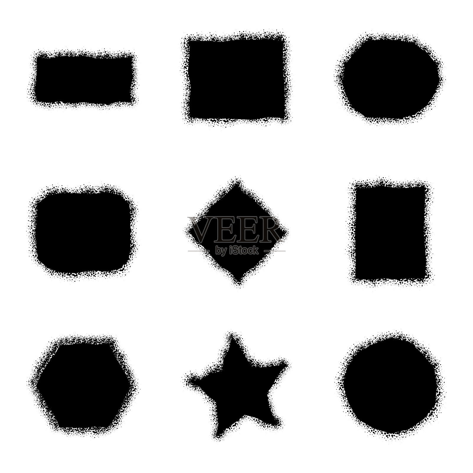 一套黑色垃圾风格纹理几何形状孤立在白色背景。矢量插图。插画图片素材
