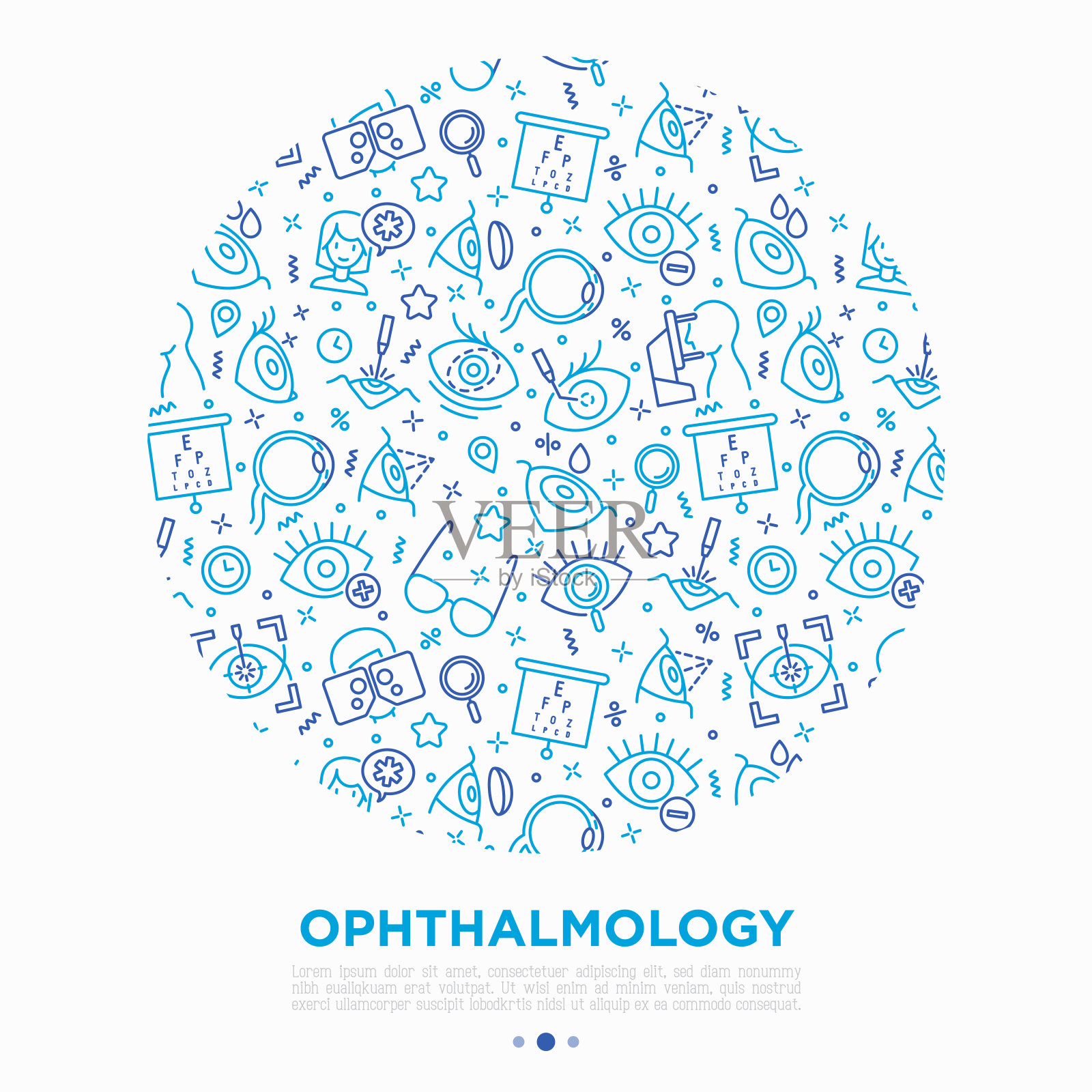 眼科学概念圈中的细线图标:激光眼科手术、视力测试、眼药水、隐形眼镜、白内障、散光、光透视、自动屈光仪、远视。矢量插图。插画图片素材