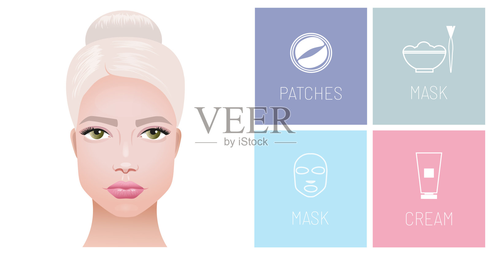 护肤，护肤化妆品的标志，水凝胶眼罩，面膜，有机面膜，保湿霜。向量现实的例证。插画图片素材
