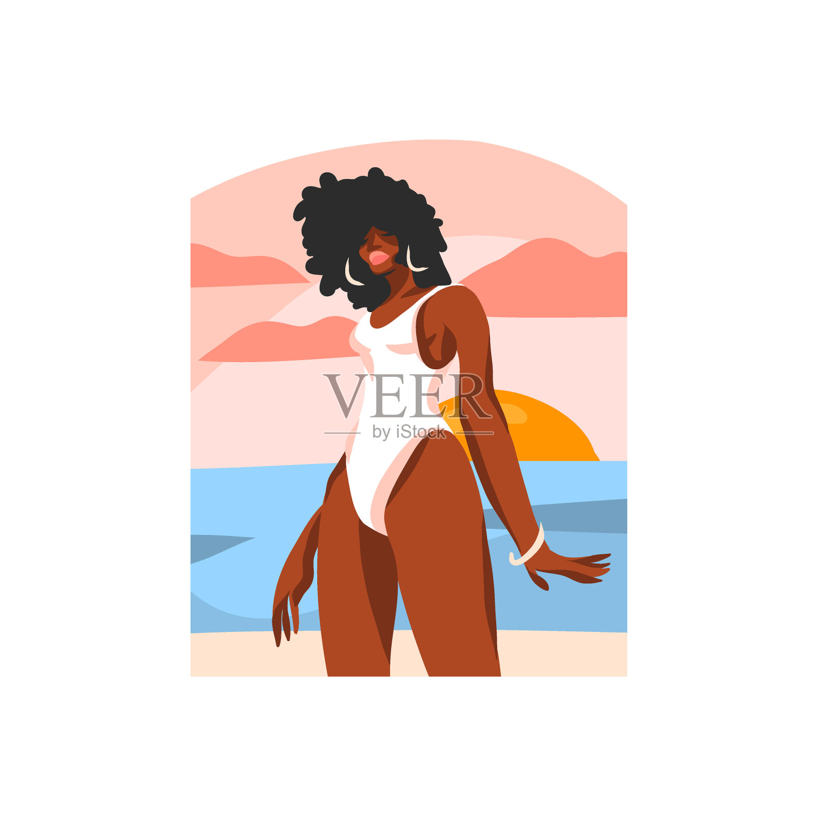 手绘矢量抽象股票平面图形插图与年轻快乐的黑人非洲裔美国美女女性，在日落上的风景景象孤立在白色的背景插画图片素材