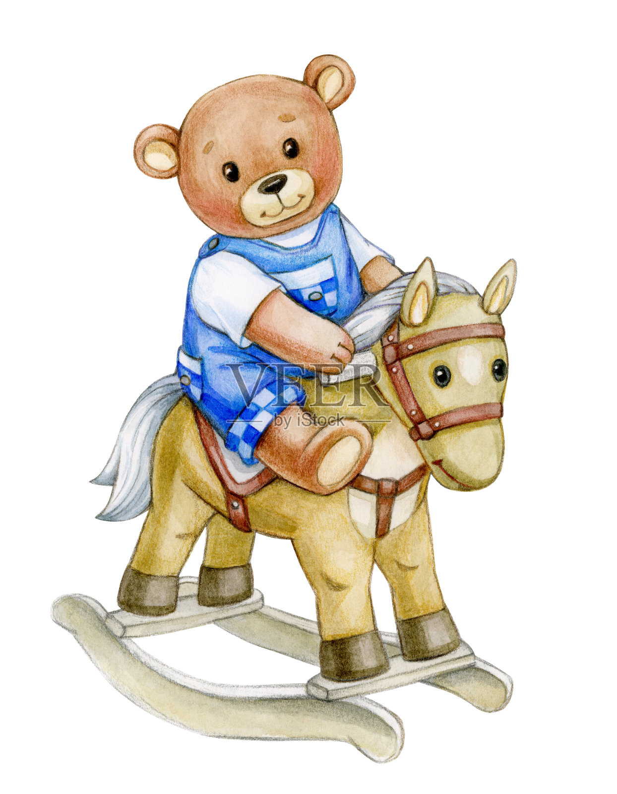 可爱的熊宝宝骑着马。给小男孩的贺卡。水彩插图。设计元素图片