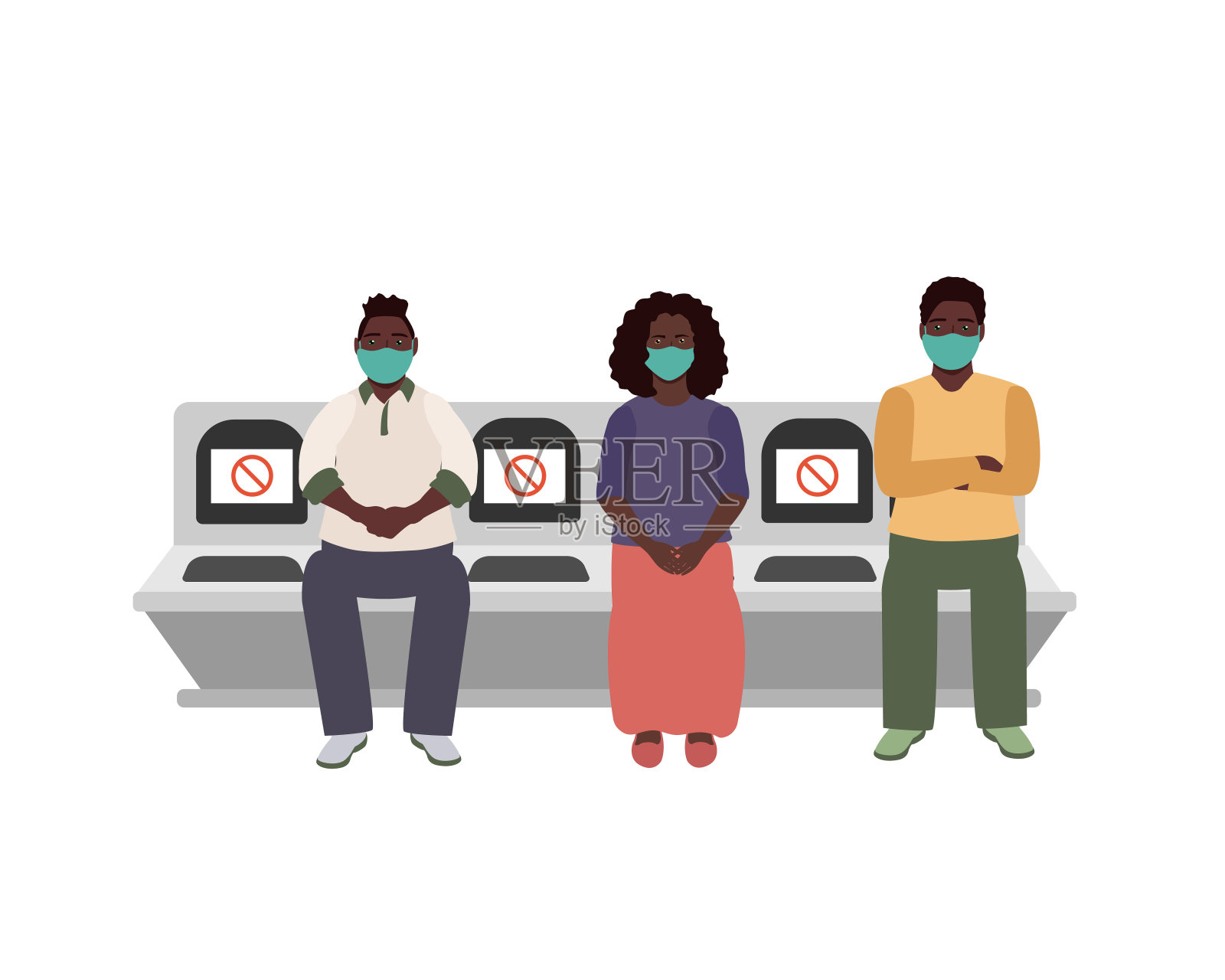 人们戴着医用口罩坐在地铁的安全距离，社会距离的概念。平面向量插图插画图片素材
