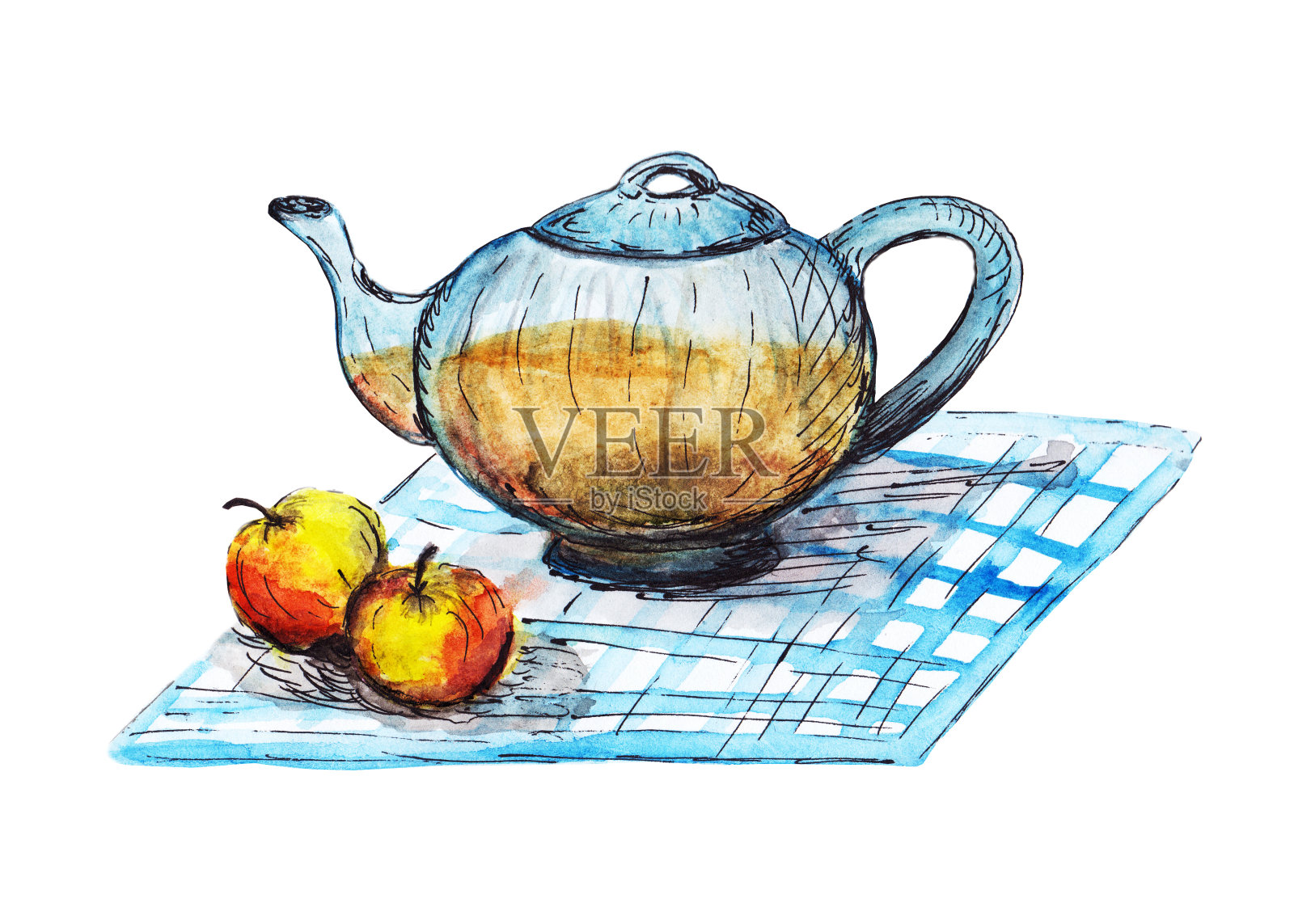 玻璃透明茶壶，绿茶和两个苹果上的蓝白色格子餐巾。饮茶小品，静物。插画图片素材