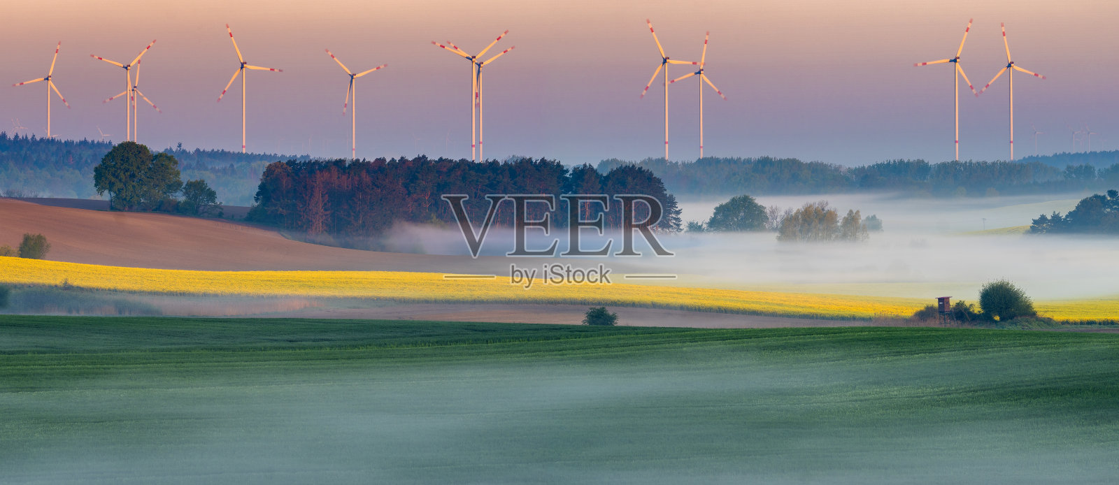 乡村景观的全景，田野，树木，和风车在勃兰登堡，德国在一个美丽的大雾早晨照片摄影图片