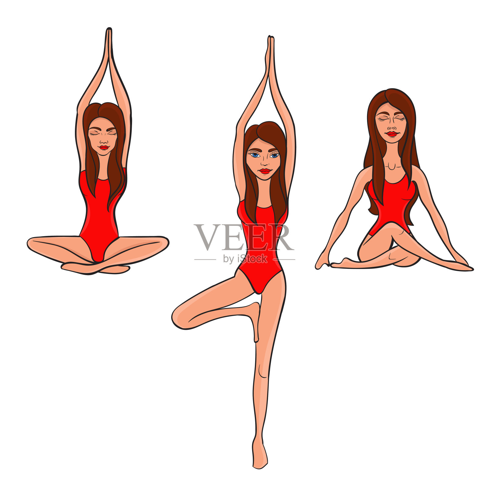 瑜伽。那个穿红色泳衣的女孩在做瑜伽练习。矢量插图。插画图片素材