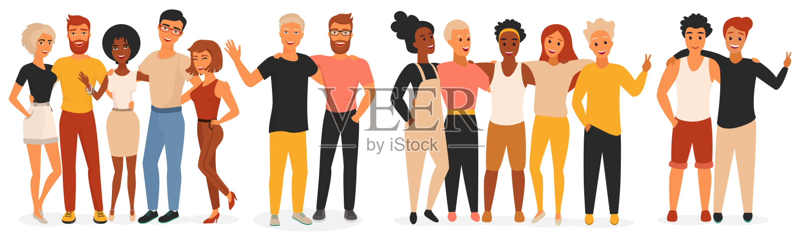 朋友矢量插图，卡通扁男女不同种族的人物站在一起，人群中各种各样的人组微笑和拥抱插画图片素材