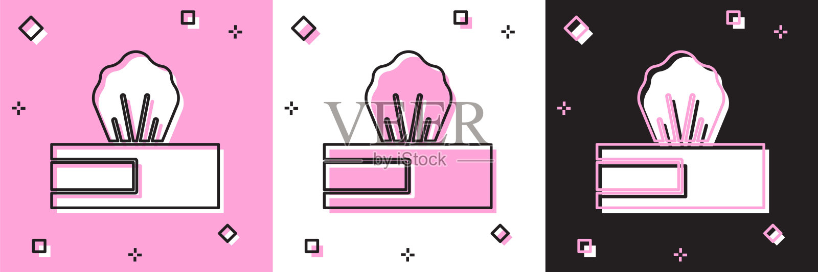 设置湿擦包图标隔离在粉红色和白色，黑色背景。向量设计元素图片