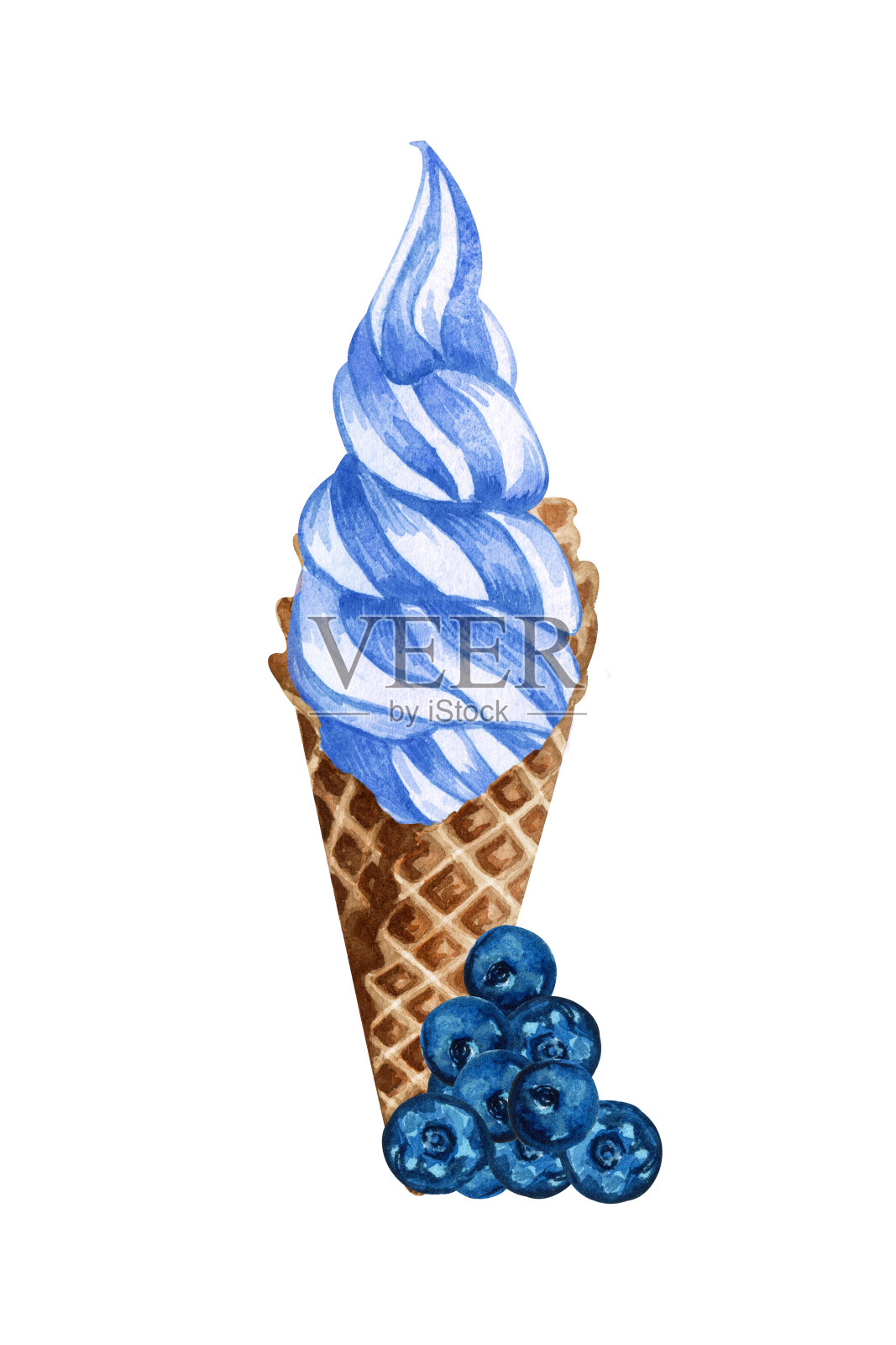 水彩蓝莓冰淇淋蛋筒孤立在白色背景。手绘插图新鲜蓝莓和蓝色的冰淇淋在华夫蛋筒设计元素图片