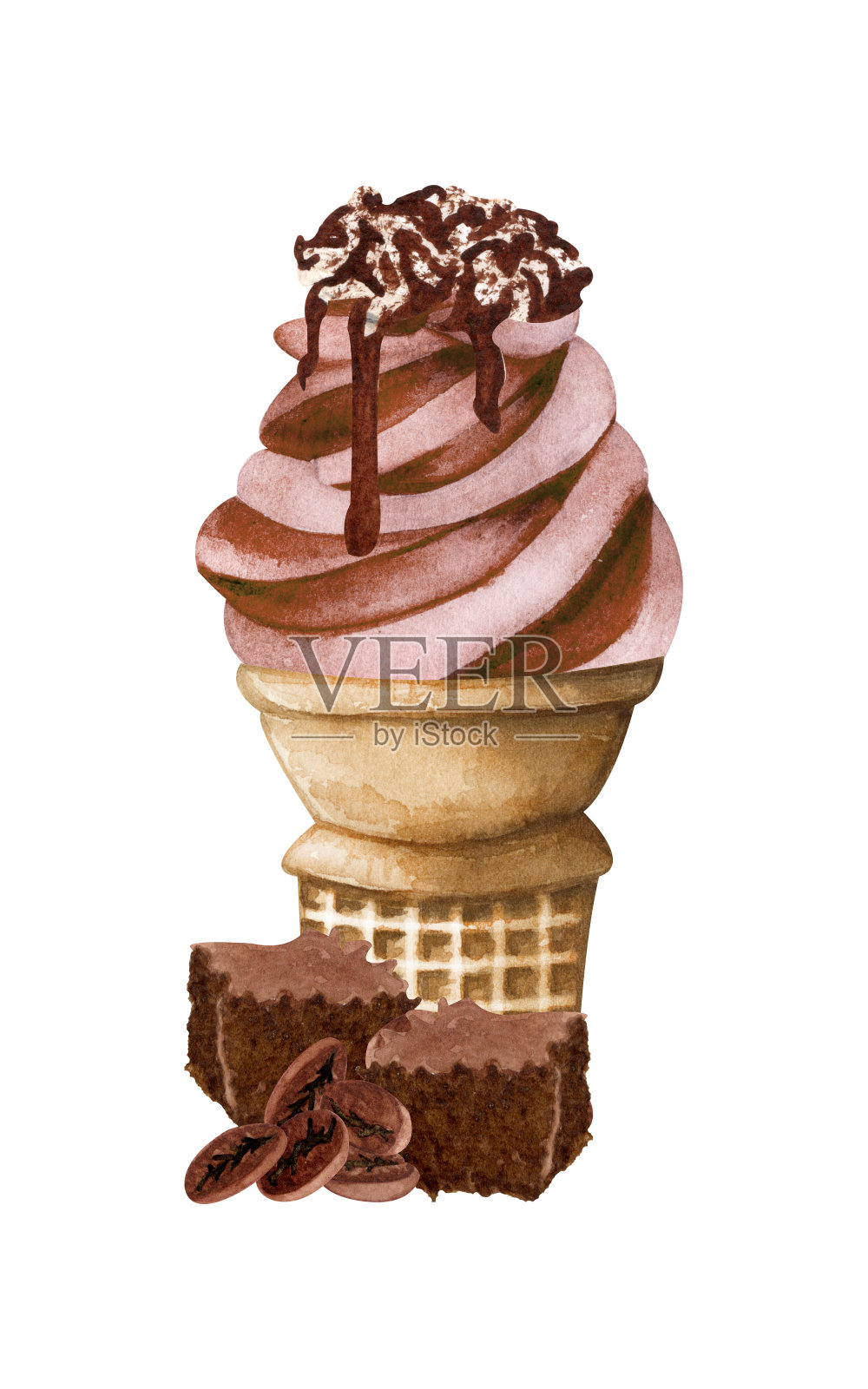水彩巧克力冰淇淋蛋筒孤立在白色背景。手绘插图的巧克力布朗尼，咖啡豆和棕色冰淇淋在华夫蛋筒。设计元素图片