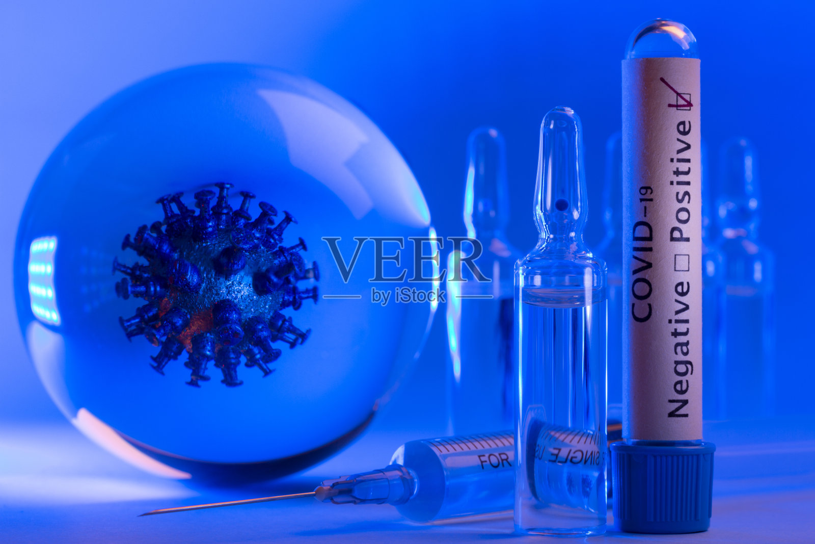 玻璃球病毒模型、covid-19阳性检测、安瓿、来自冠状病毒的药物或疫苗和医疗注射注射器。照片摄影图片