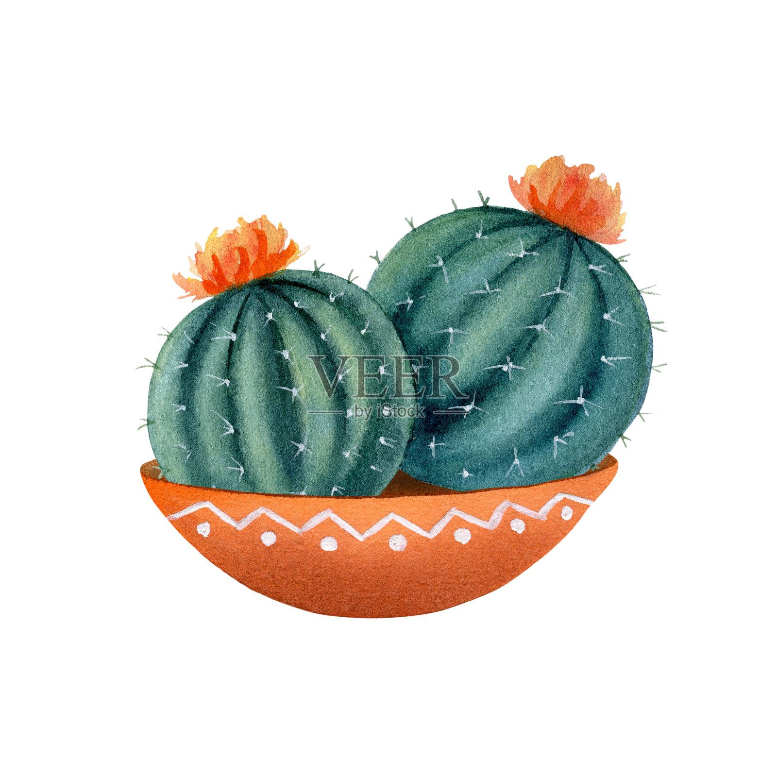 用水彩画在陶罐里的奇异的绿色仙人掌。墨西哥风格的热带多汁植物。室内植物的背景，贴纸，数字纸，家庭装饰的剪纸插图。设计元素图片