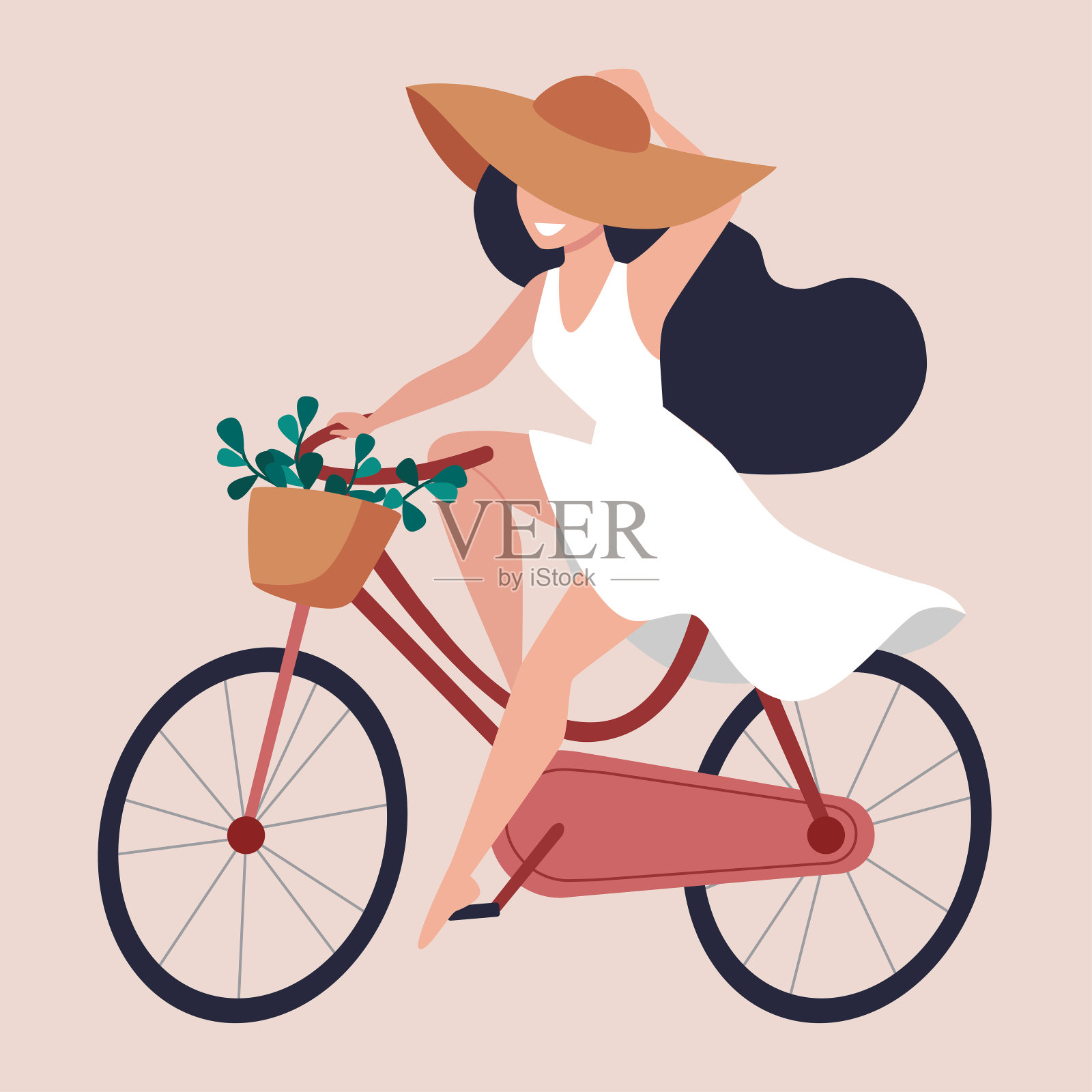 一个穿着白色衣服戴着帽子的年轻女子骑着自行车。女自行车与篮子和鲜花。矢量平面插图。黑发女孩，浅黑色头发。夏天的时间插画图片素材