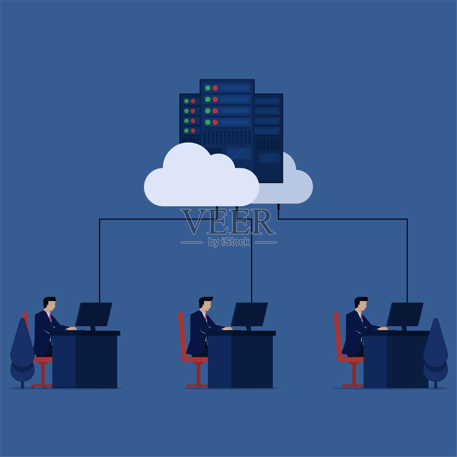 业务平面矢量概念员工在办公桌边办公连接到云数据中心隐喻云存储。插画图片素材