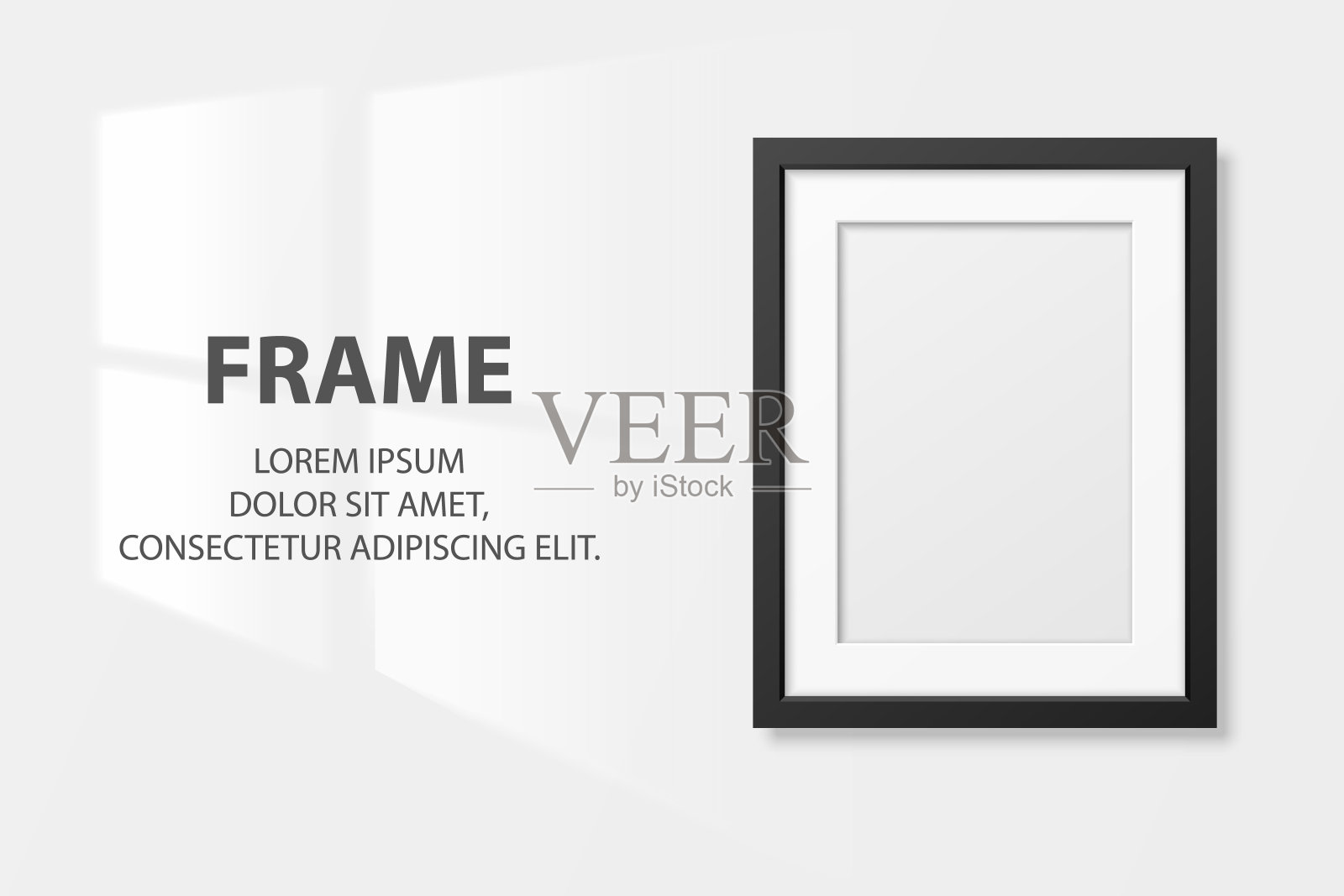 矢量3d现实的正方形黑色木制简单的现代框架图标特写孤立的白色墙壁背景与窗光。它可以用于演示。设计模板的模型，前视图插画图片素材