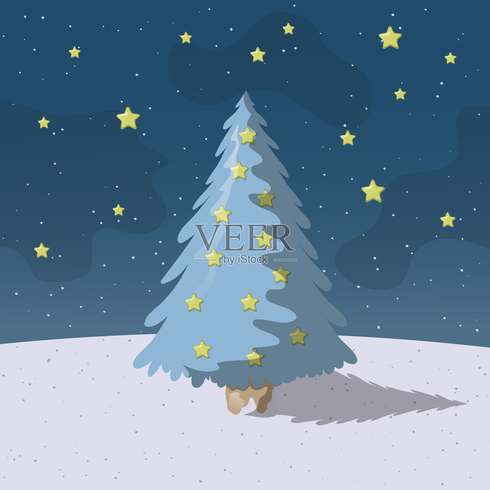 圣诞邀请卡模板与圣诞树和夜晚的星星。矢量隔离边界与节日元素和降雪。庆祝诺埃尔的节日横幅。插画图片素材