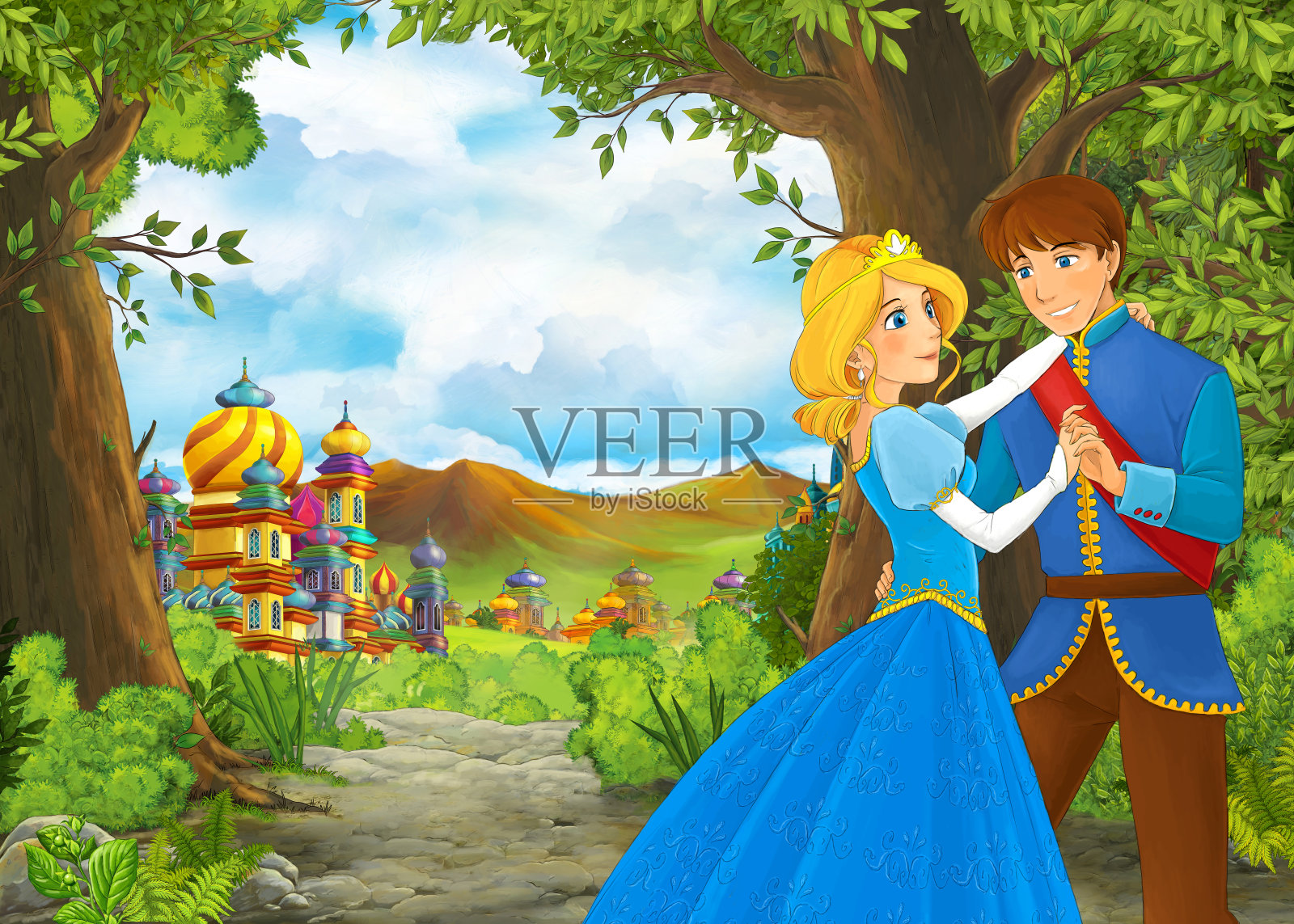卡通自然景观与美丽的城堡与王子和公主插图插画图片素材