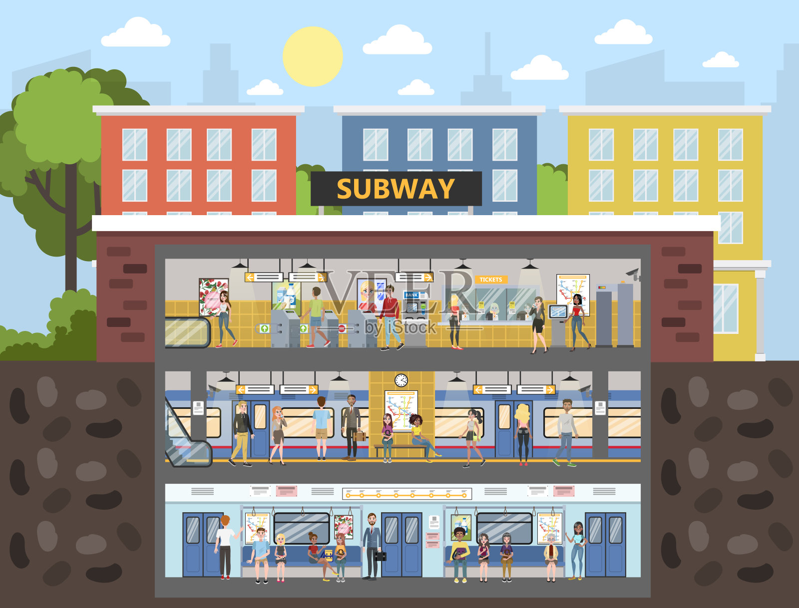 地铁内部有火车和铁路。乘客买票，等待交通插画图片素材