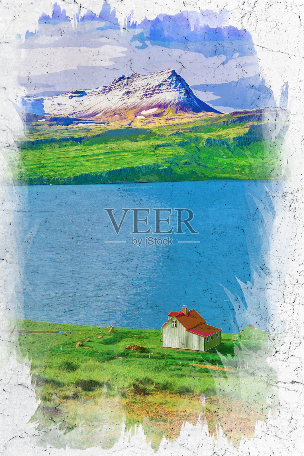 冰岛峡湾旁的小屋，水彩画插画图片素材
