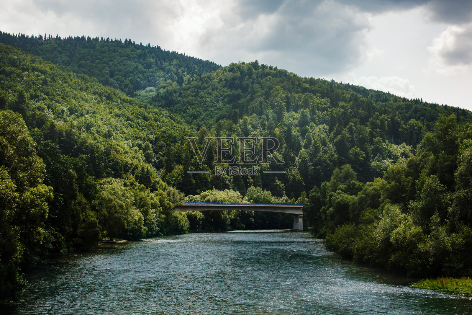 夏季的景观，山河在覆盖着绿色林地的山丘间流淌照片摄影图片