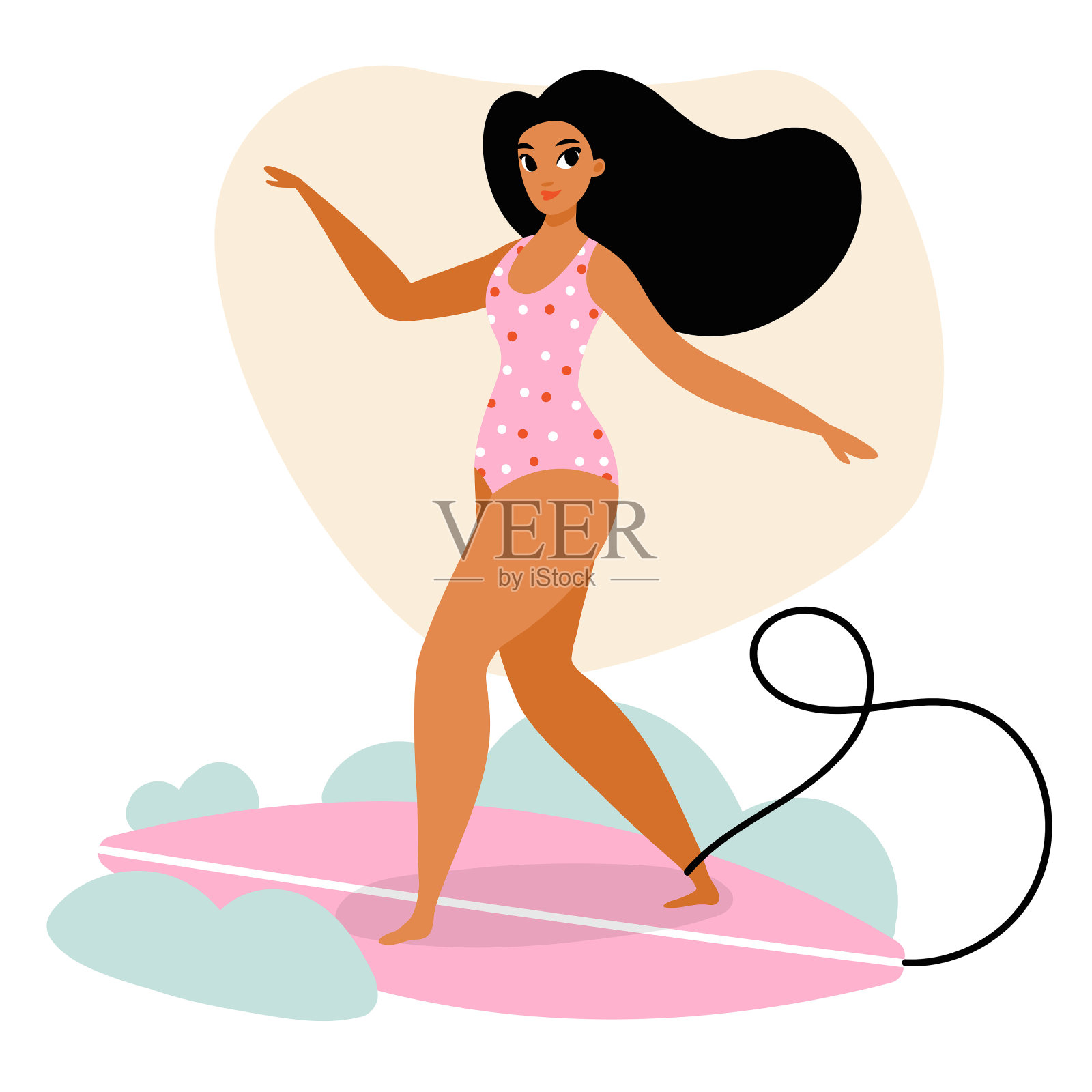 可爱的女人冲浪。冲浪女孩骑着冲浪板。夏天的假期。插画图片素材
