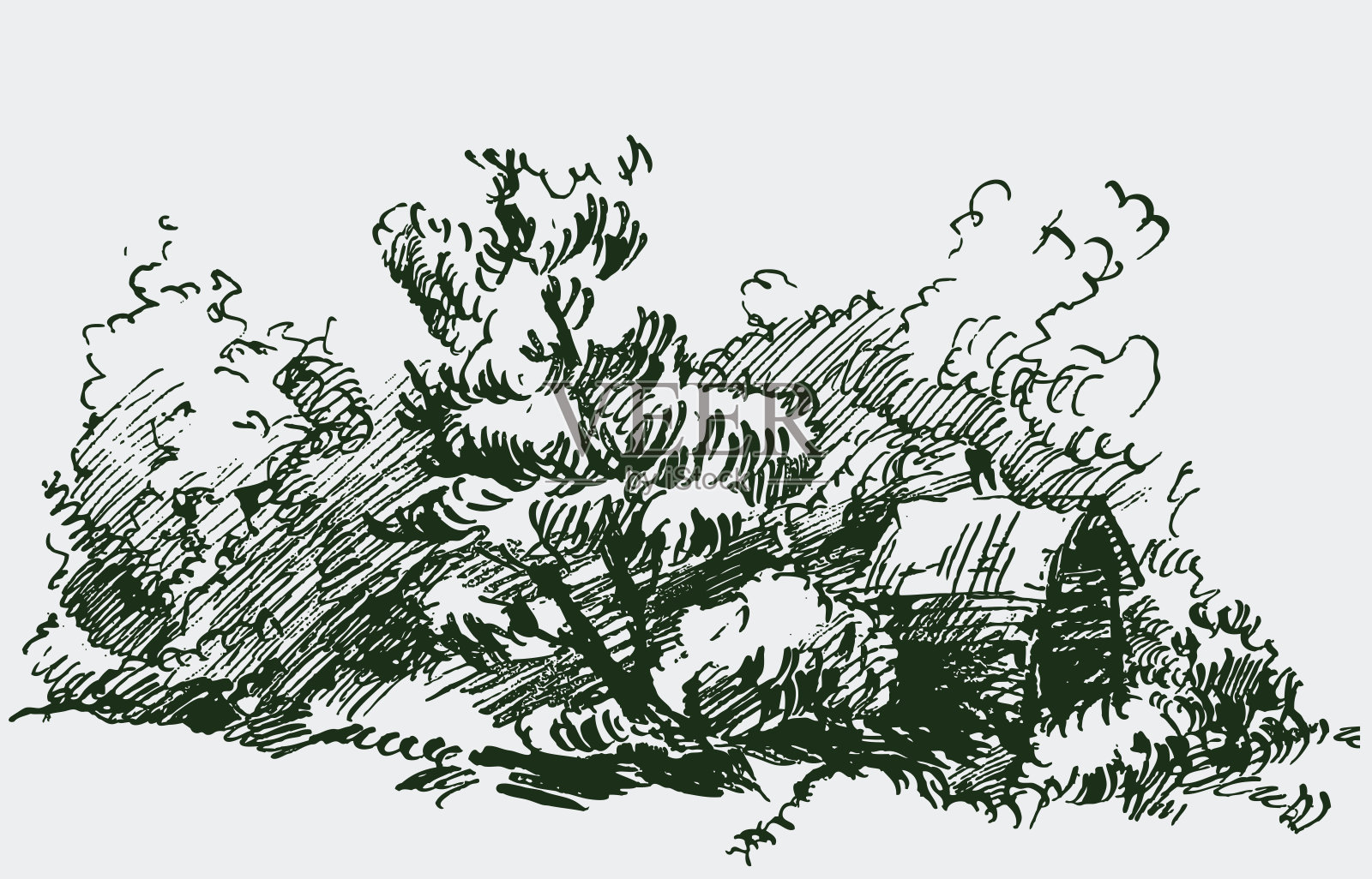 落叶林中小木屋的徒手画插画图片素材