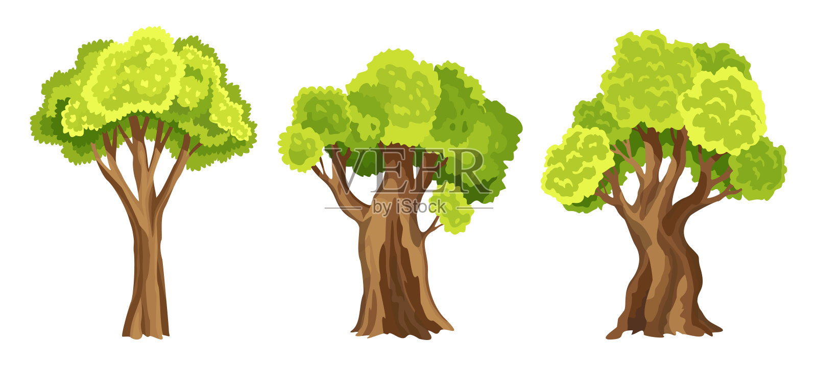 树木长着绿色的叶子。一组抽象的程式化的树。水彩树叶。自然的插图设计元素图片