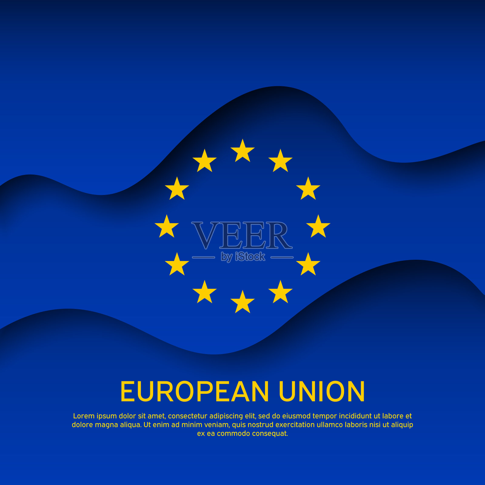 欧盟抽象旗帜背景创意设计。图形波浪背景，模板。剪纸。欧盟矢量旗帜旗帜和海报设计插画图片素材