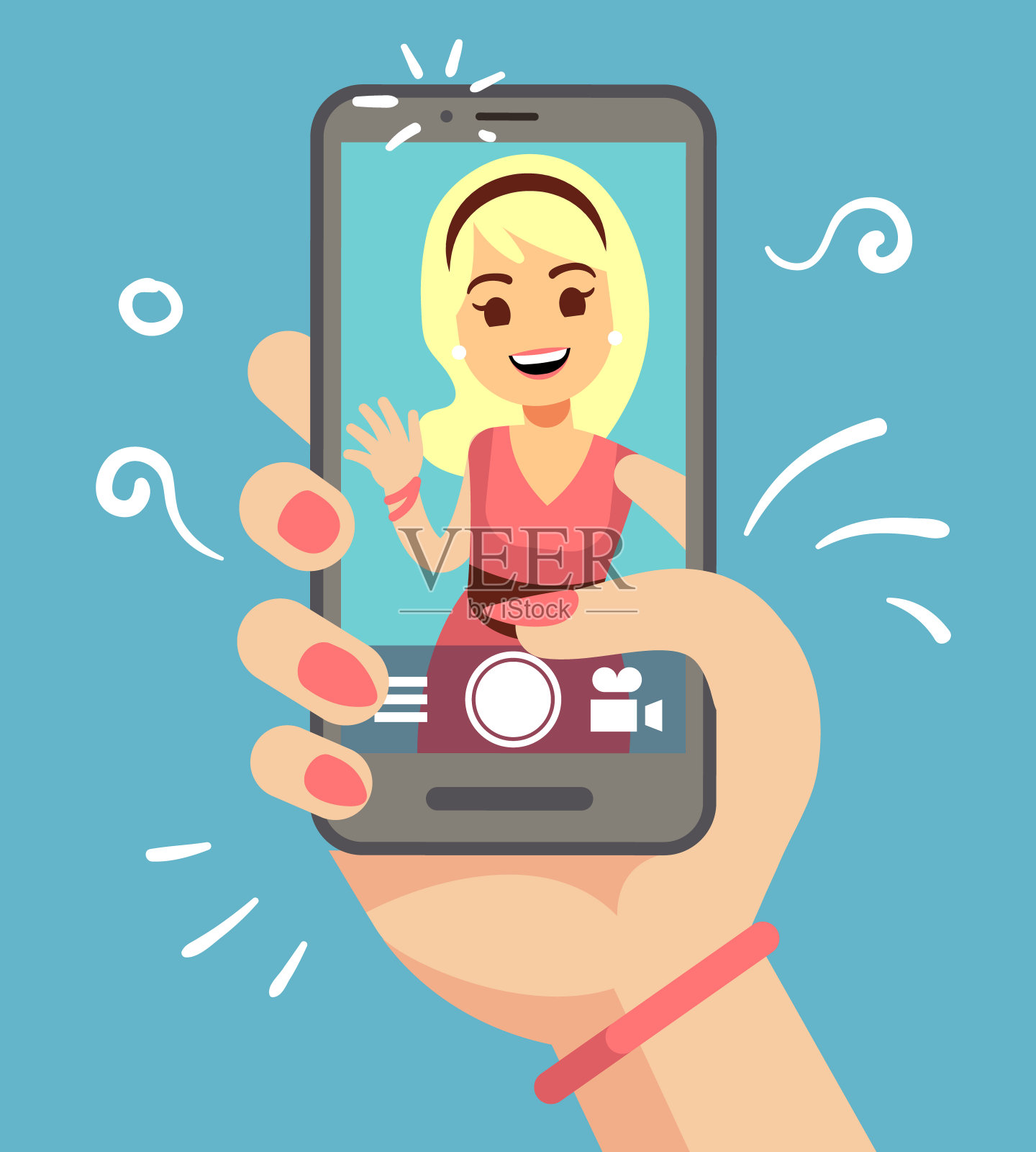 年轻迷人的女人在户外用智能手机自拍。美丽的女孩肖像在手机屏幕上。卡通矢量图插画图片素材