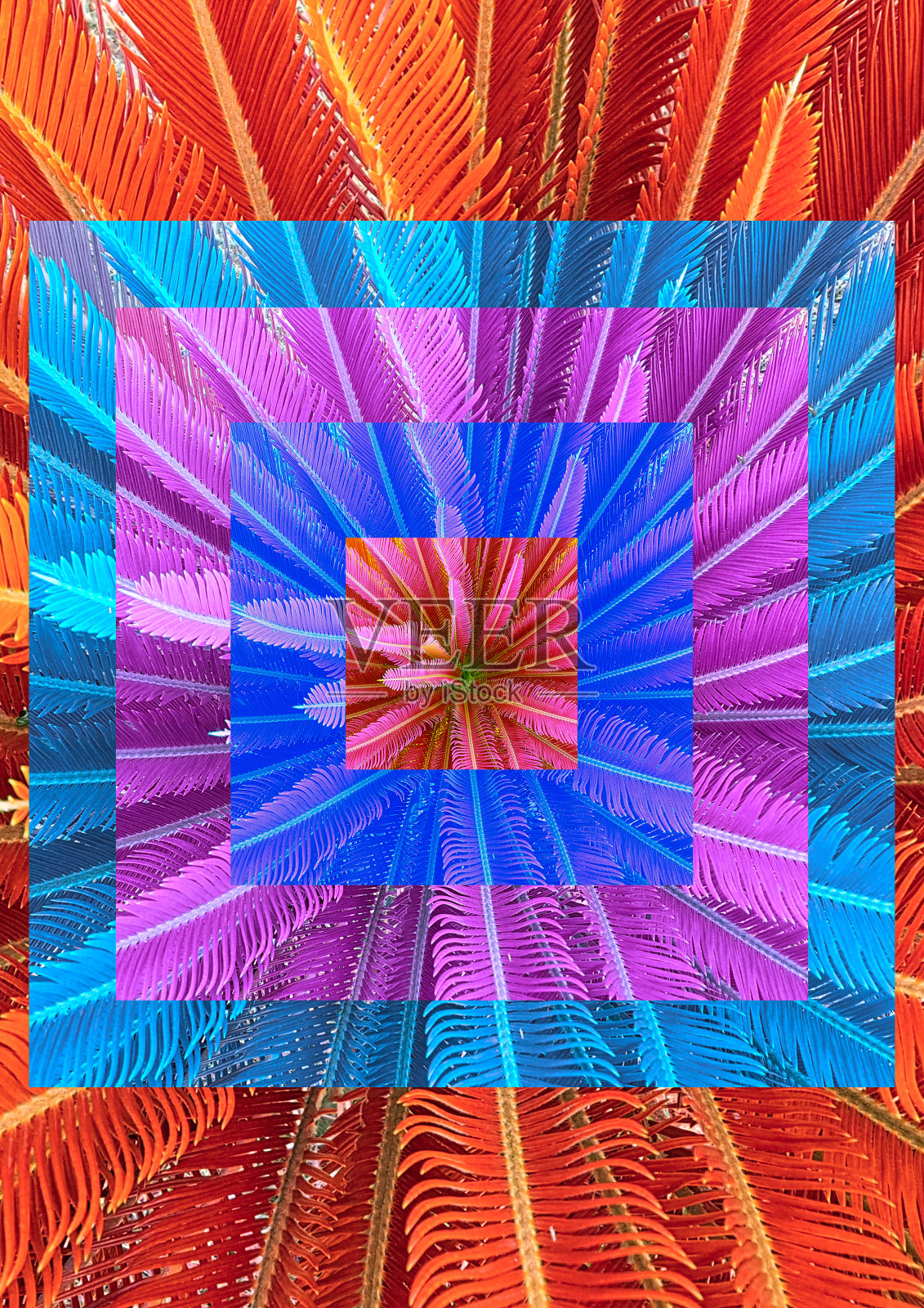 当代拼贴。几何构图与棕榈树明亮的橙色，蓝色和粉红色的颜色。夏天的概念，热带。照片摄影图片