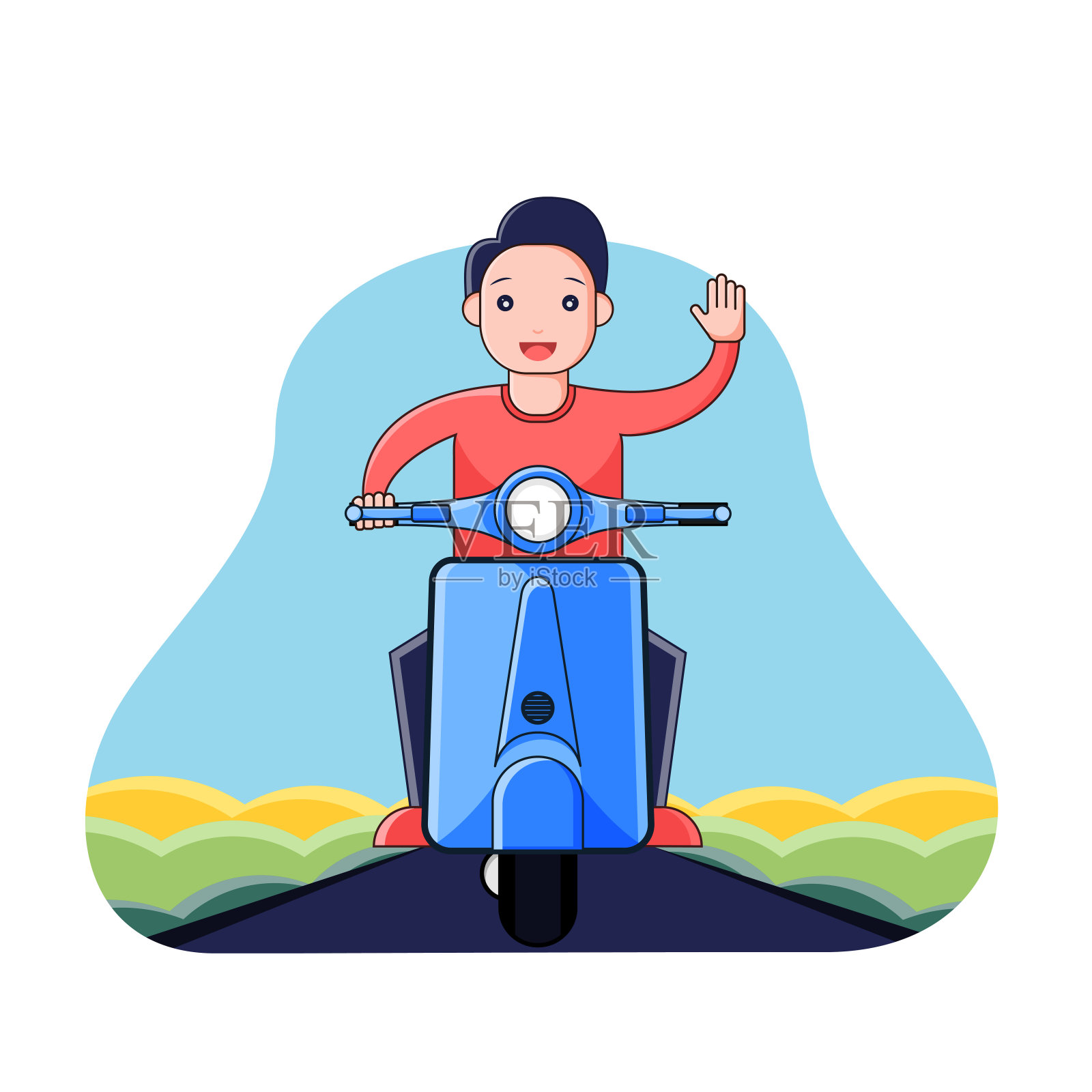 一个男人骑着摩托车挥手插画图片素材
