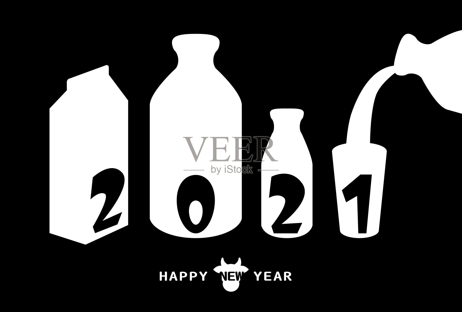 2021年的新年贺卡和牛奶盒和牛奶瓶。矢量插图。设计元素图片