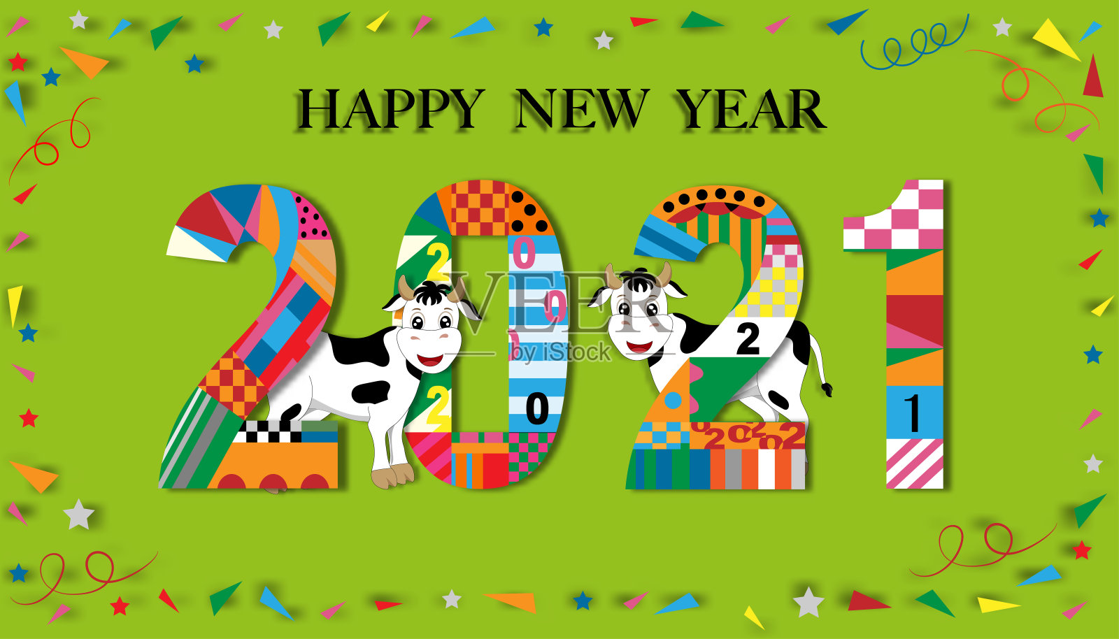 可爱的卡通新年快乐，快乐的中国新年贺卡与奶牛站在2021年，动物节日人物生肖，牛年设计模板素材