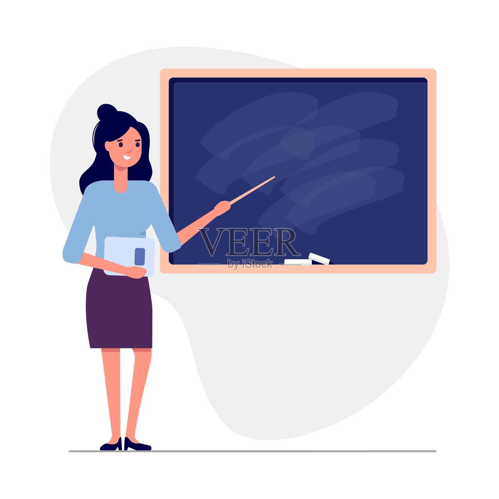 年轻女教师在黑板上讲课，教室孤立在白色的背景上。插画图片素材