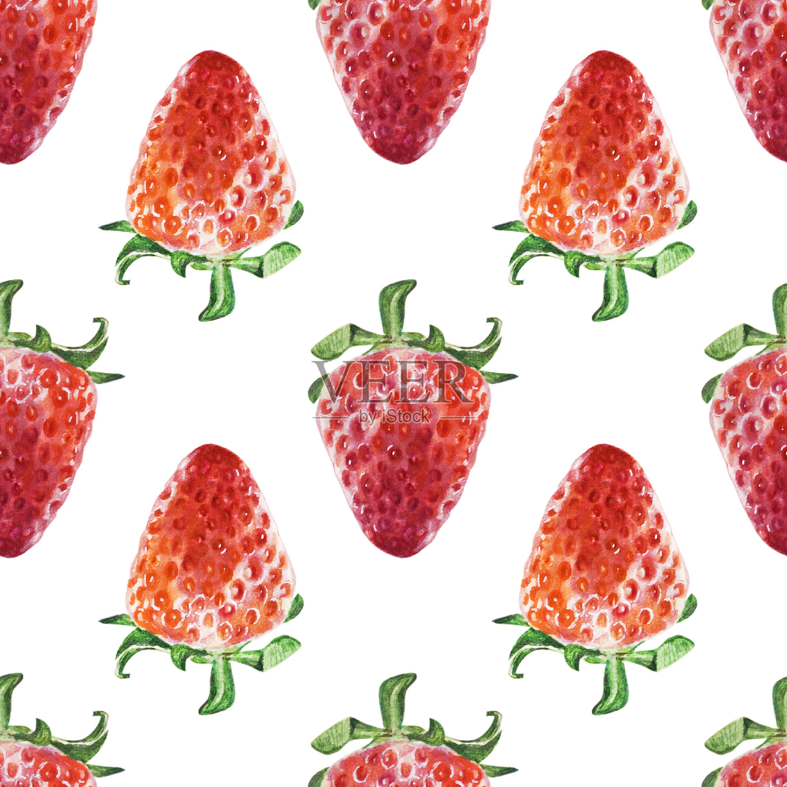 水彩无缝模式的红色多汁草莓。手绘食物插图。水果材质打印。插画图片素材