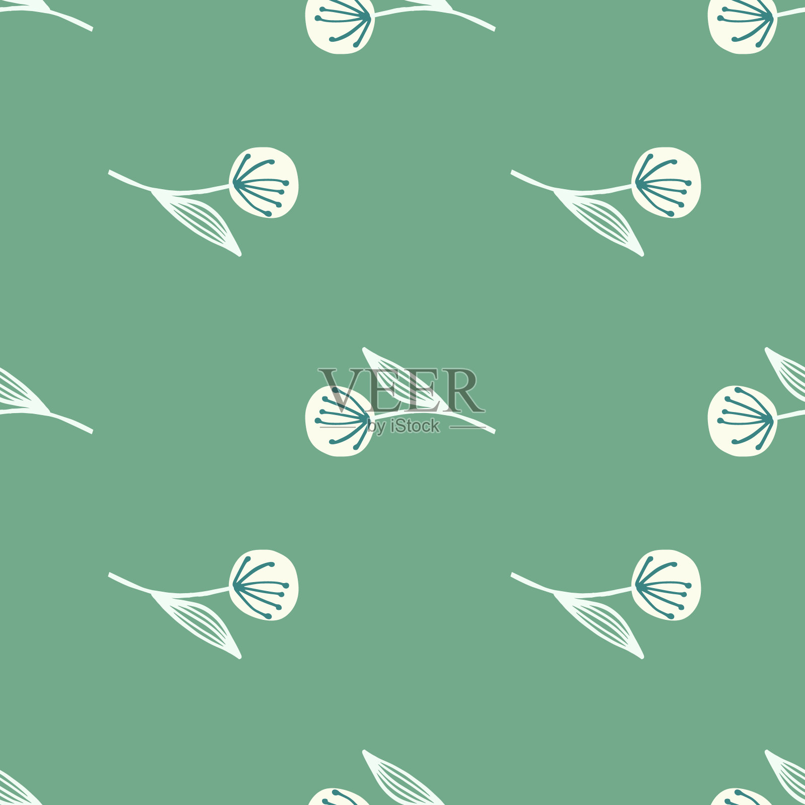 几何白色蒲公英上植物无缝图案。绿色背景。插画图片素材