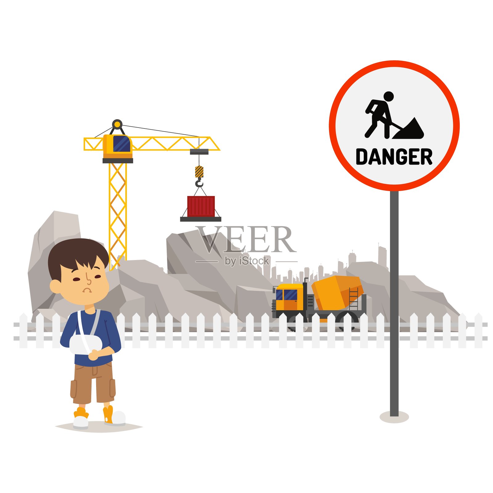 施工区域有危险，矢量图。危险设施标志，正在施工。男孩性格受伤插画图片素材