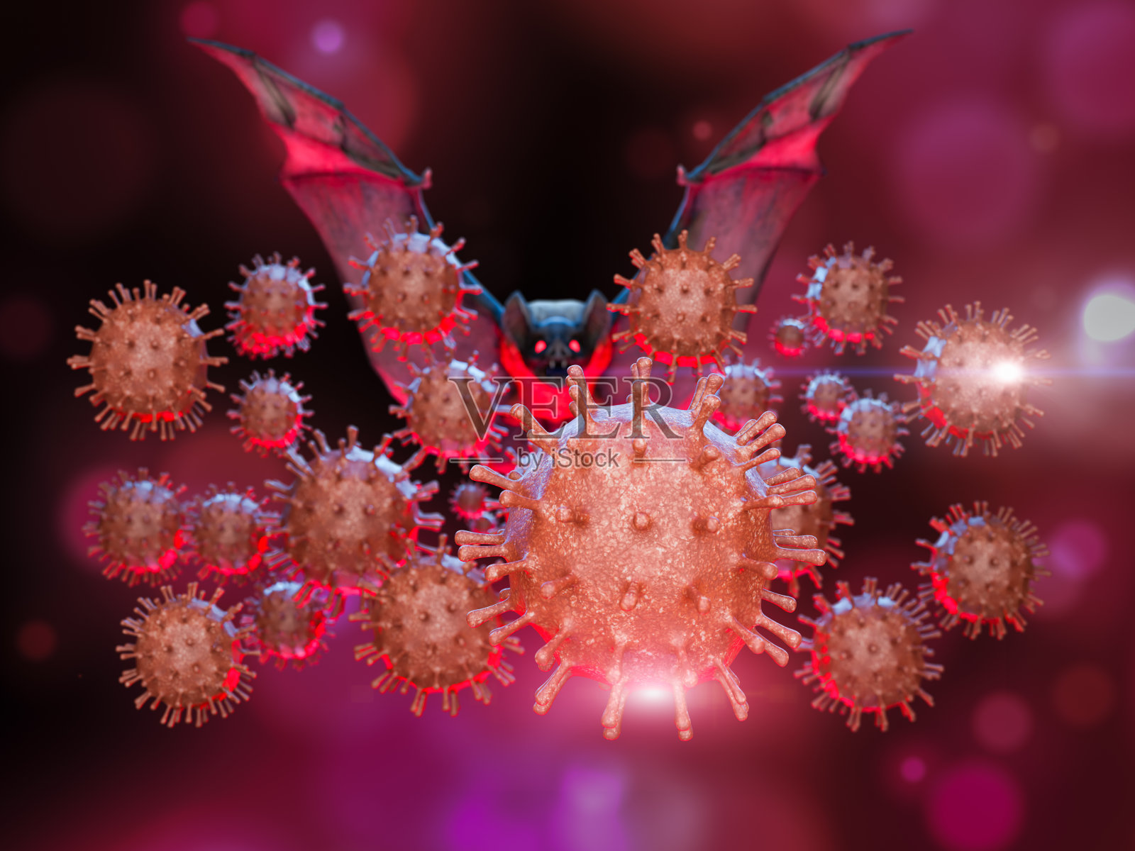 冠状细胞和蝙蝠病毒的概念。三维渲染照片摄影图片