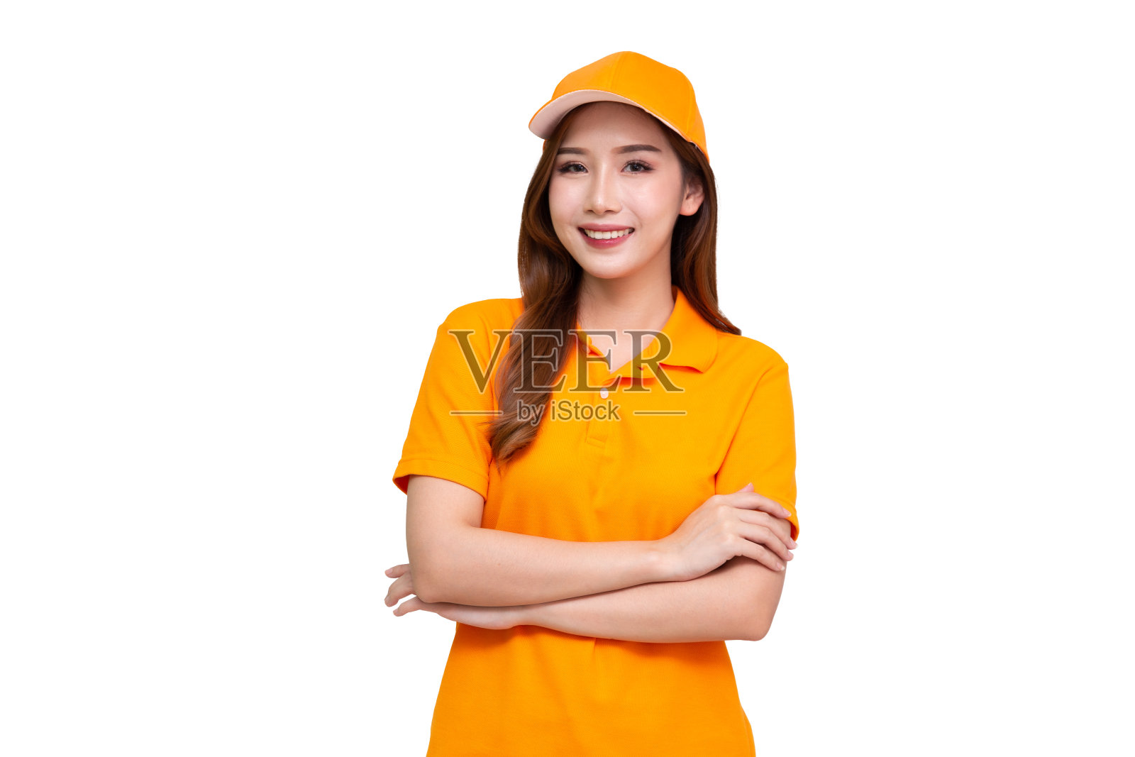 身穿橙色制服的亚裔女员工被隔离在白色背景下照片摄影图片
