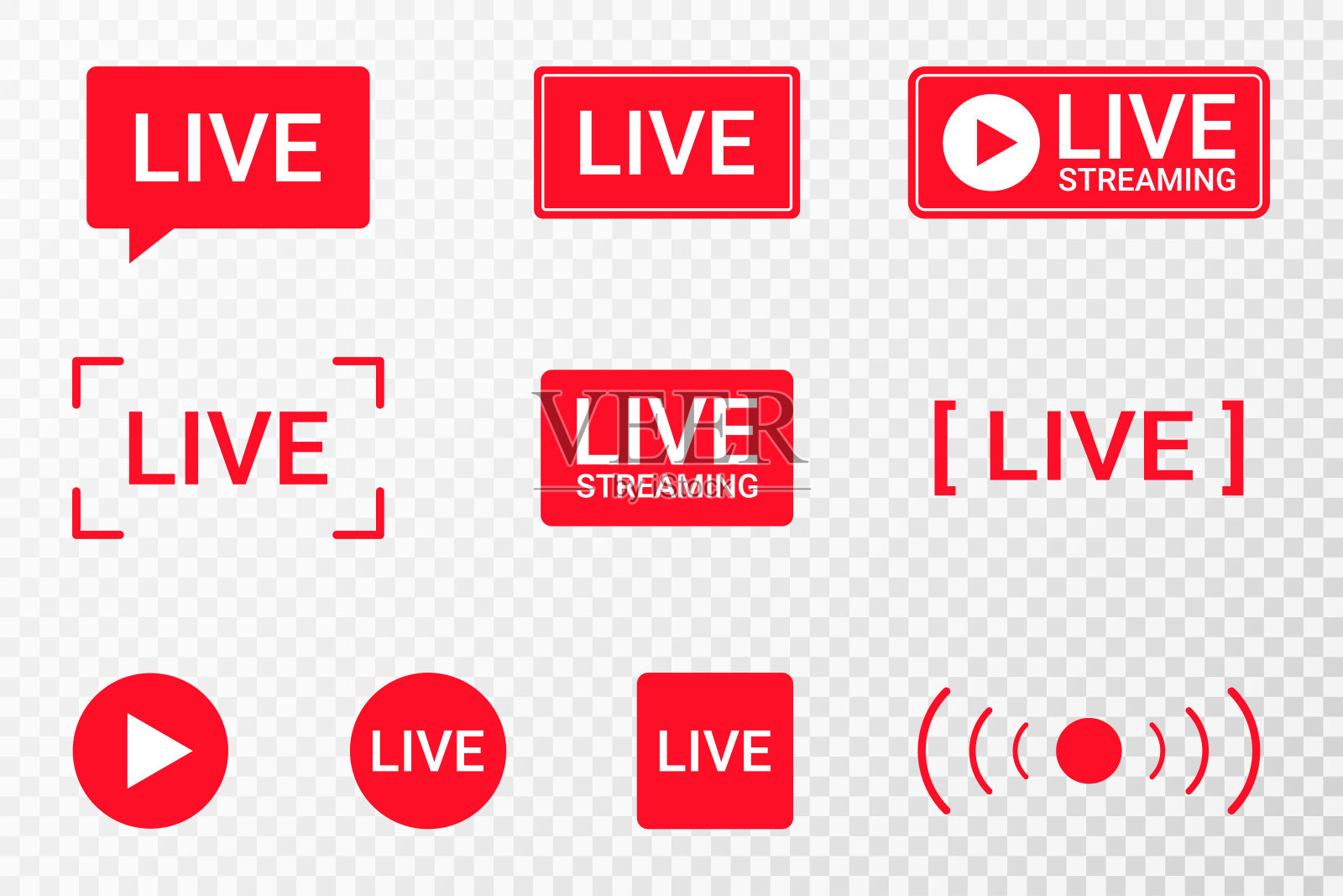 一组直播流媒体图标。直播、直播、在线直播的红色符号和按钮。较低的第三个模板为电视，节目，电影和现场表演插画图片素材