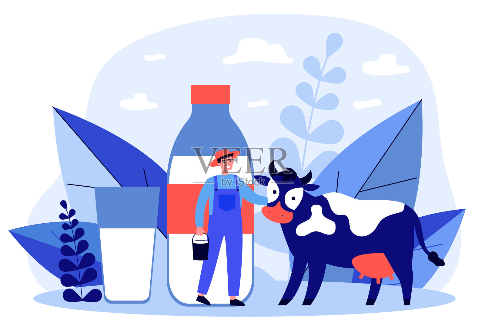 快乐的年轻农民站在奶牛旁边的平面插图插画图片素材