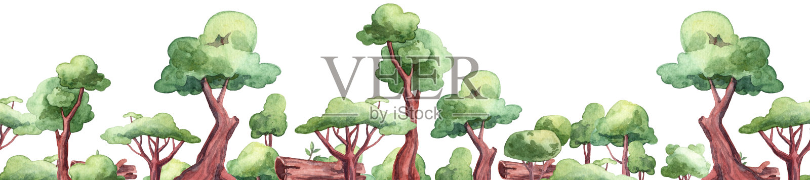 无缝长背景与水彩树木和灌木。游戏设计元素插画图片素材