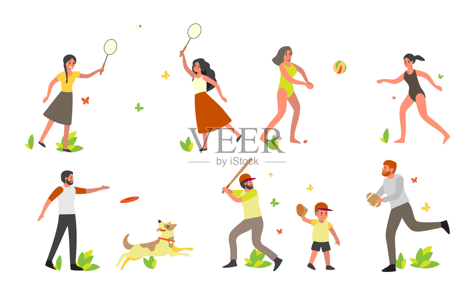 夏季休闲集。女人在玩，打羽毛球和排球在白色插画图片素材