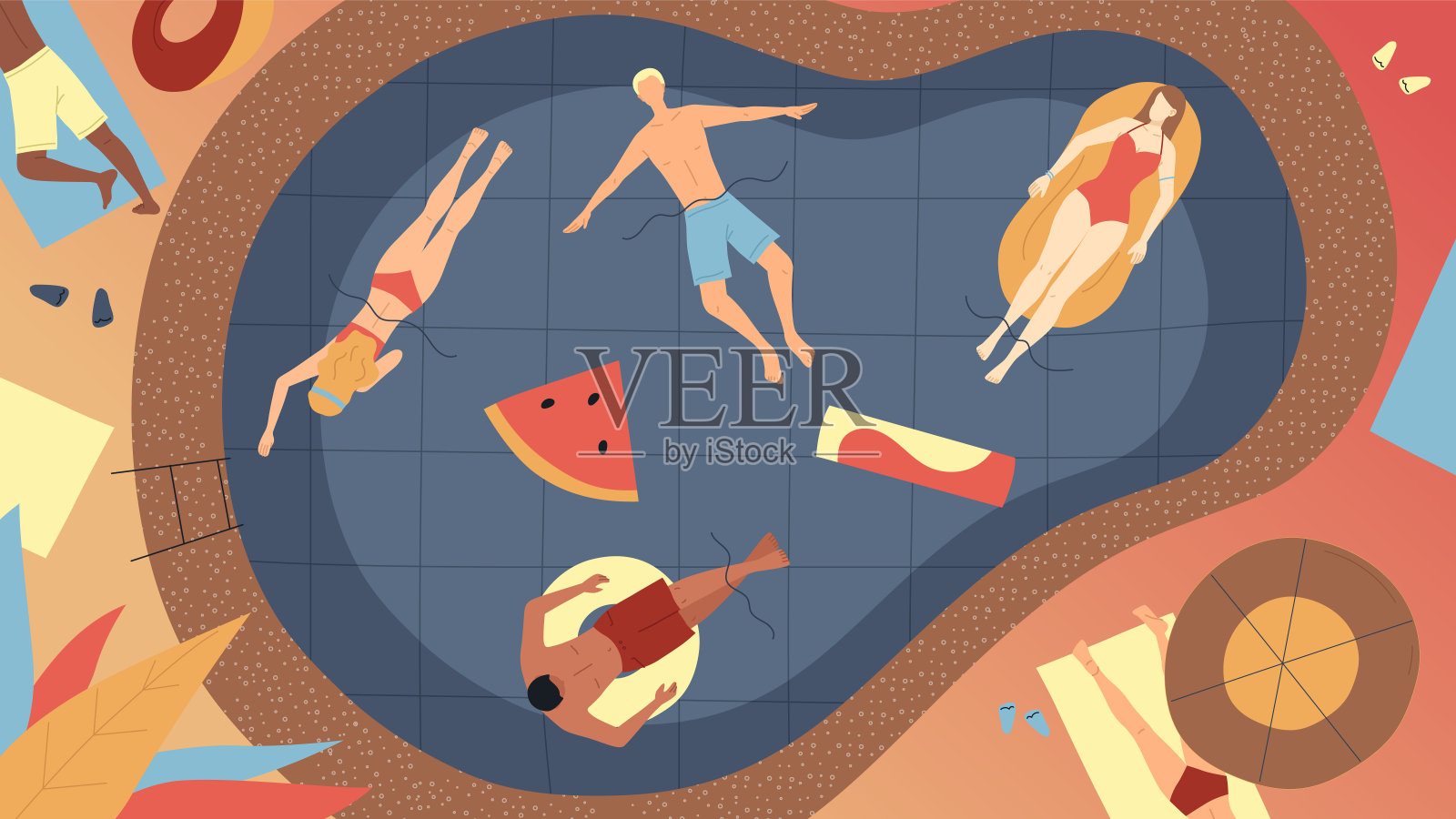 Concept Of Summer Vacations. Happy Men And Women Relaxing In The Pool During Vacations. Characters Laying In The Sun On Air Mattresses And Rubber Rings In Pool. Cartoon Flat Style Vector Illustration插画图片素材