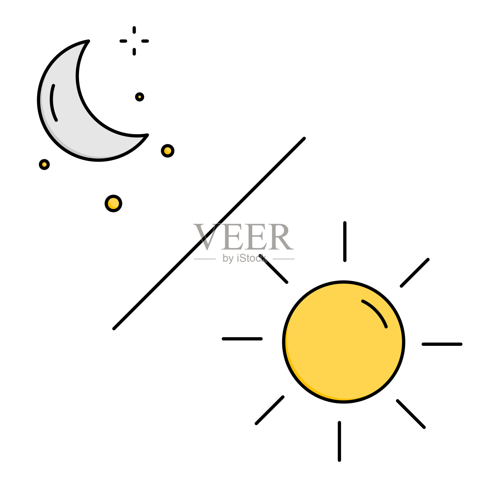 日夜月亮矢量图标。白天和夜晚的月亮图标与线性的颜色风格插画图片素材