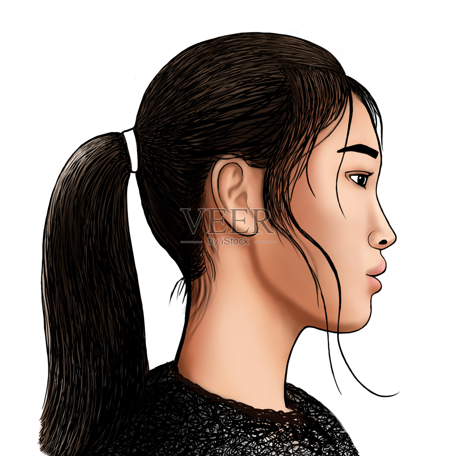一个中国女人的侧面画在一个孤立的白色背景上插画图片素材