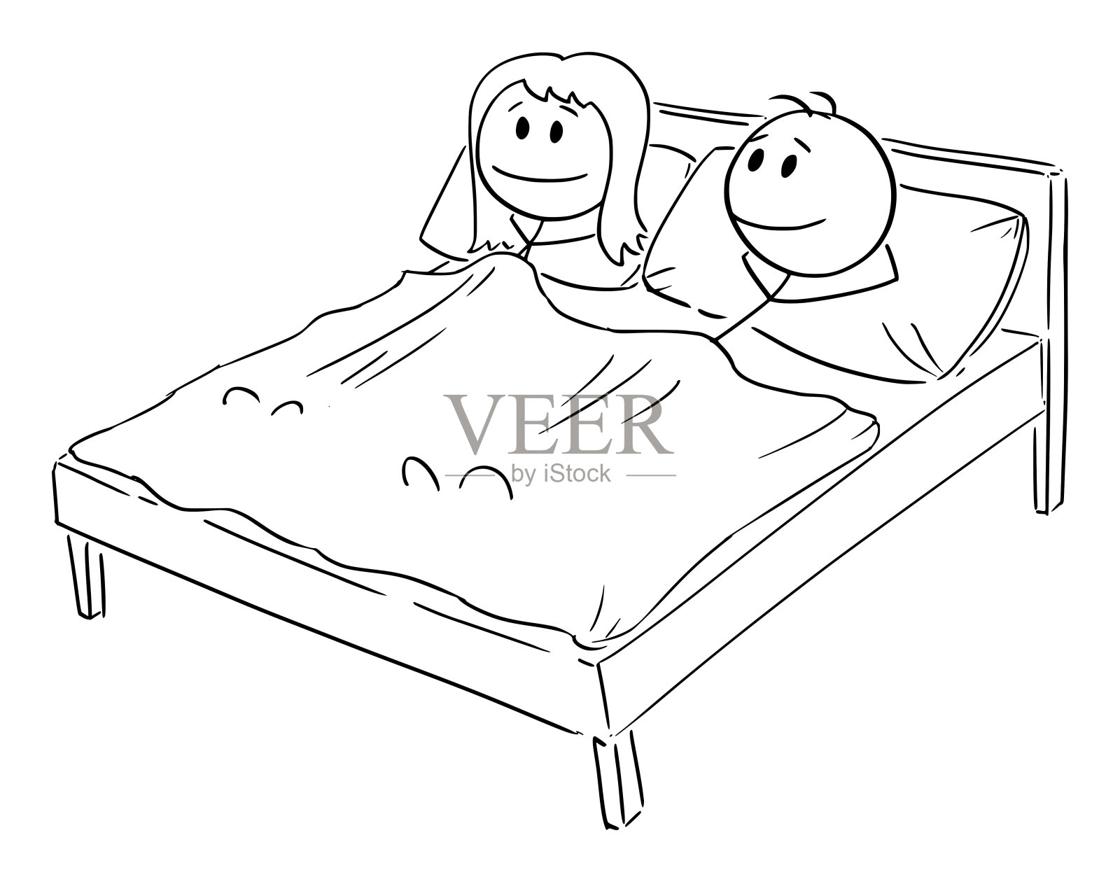 矢量卡通插图的快乐异性恋夫妇的男人和女人一起躺在床上在卧室设计元素图片