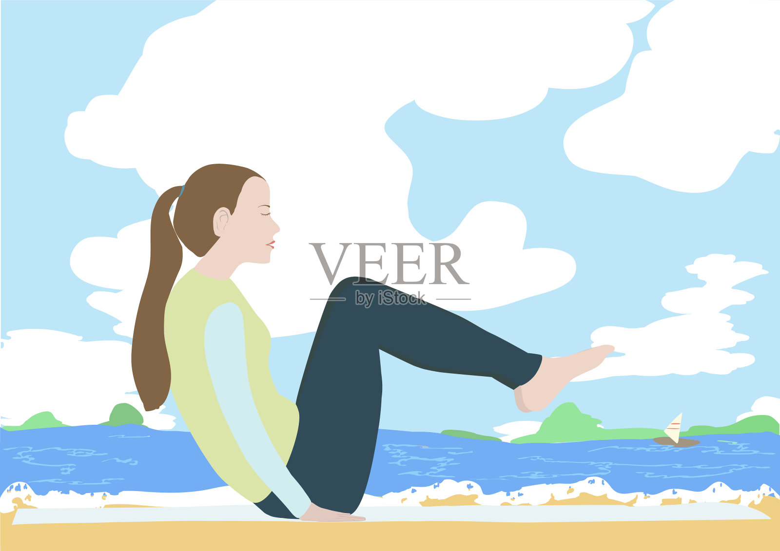 扎马尾辫的女孩在沙滩上做瑜伽插画图片素材