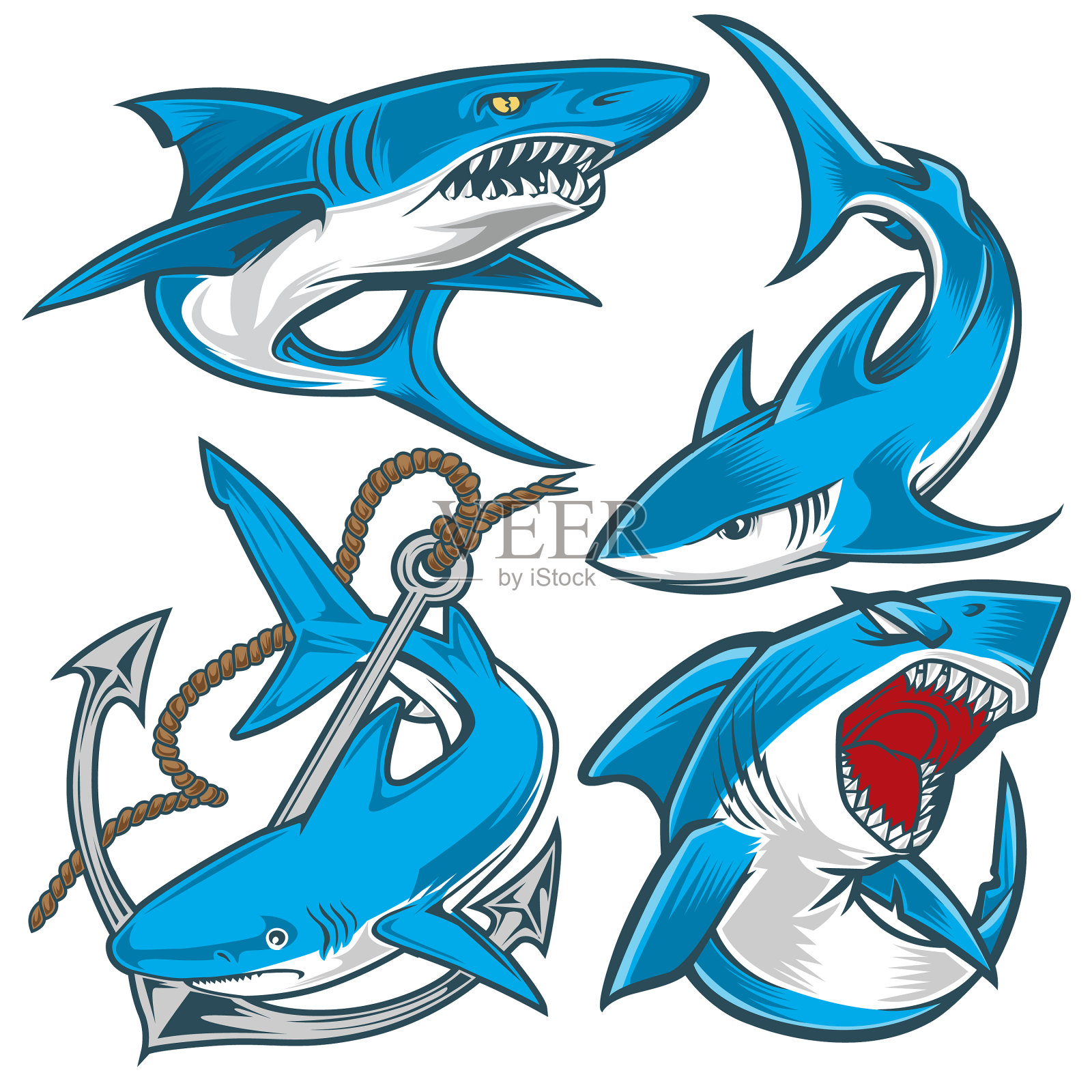 鲨鱼设置愤怒的蓝色吉祥物插画图片素材