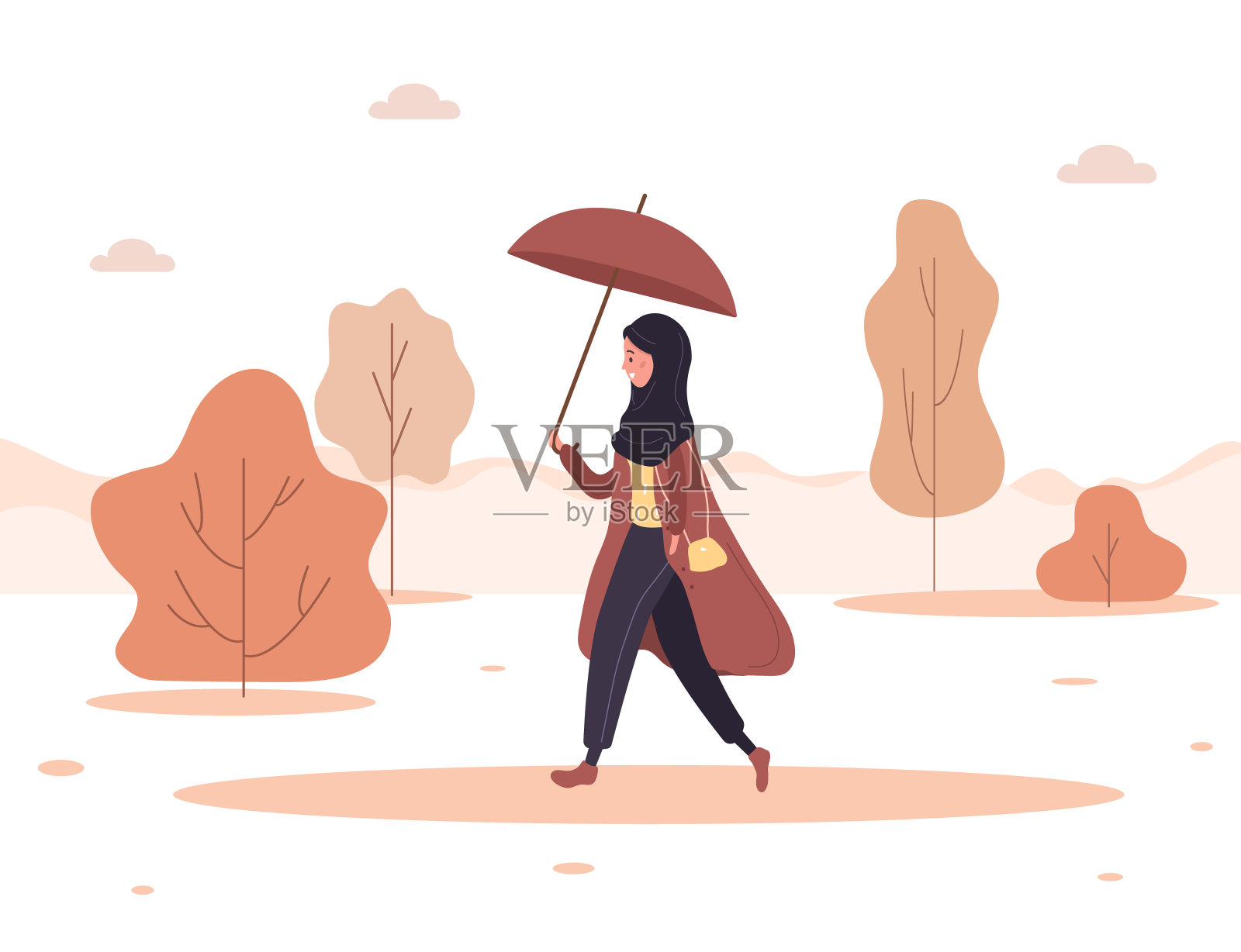秋天的背景。年轻的阿拉伯妇女戴着头巾，穿着雨伞去上班，去商店，或者去公园散步。在雨中行走的女性角色。矢量插图在平面风格。插画图片素材